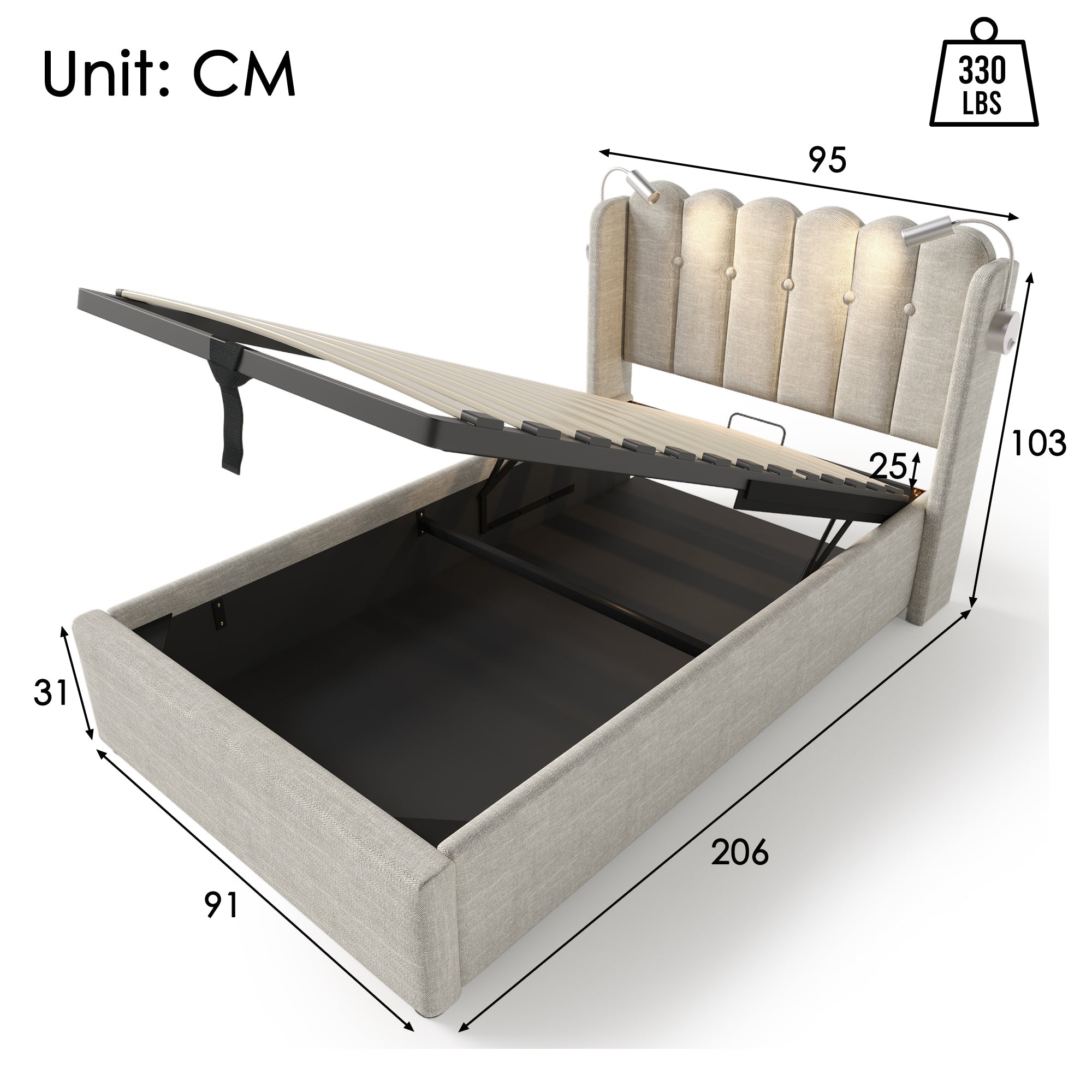 Logidon gestoffeerd bed 90x200 beige met leeslampje en USB-oplaadfunctie