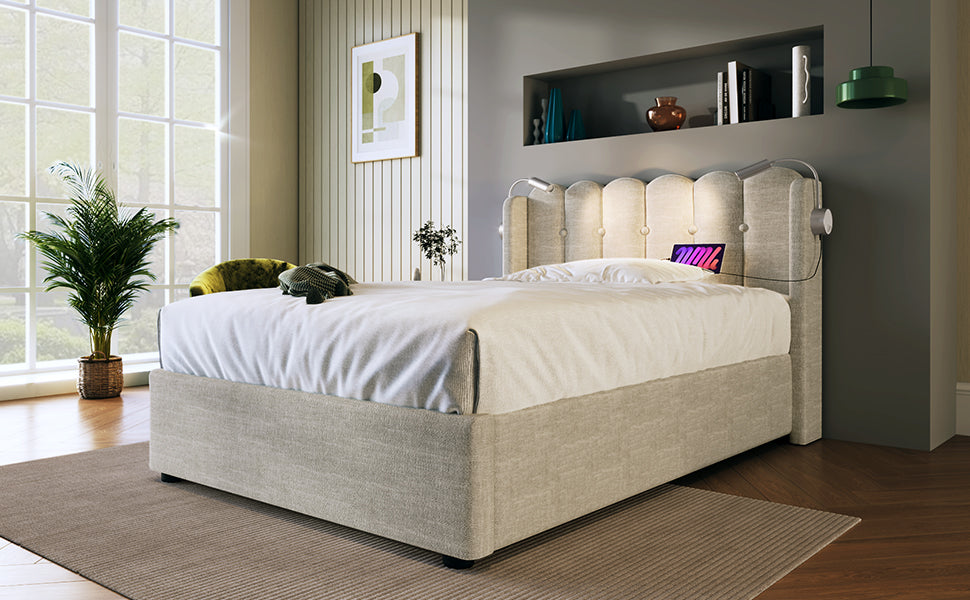 Logidon gestoffeerd bed 90x200 naturel fluweel met leeslampje en USB
