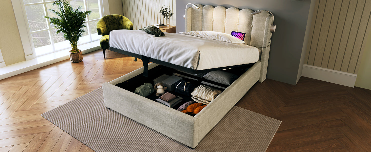 Logidon gestoffeerd bed 90x200 naturel fluweel met leeslampje en USB