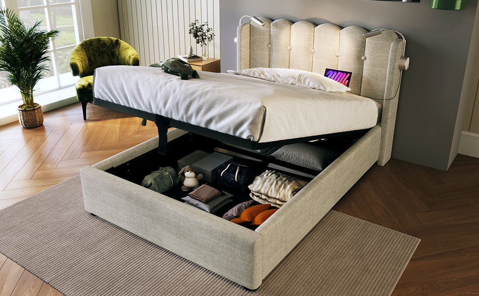 Logidon gestoffeerd bed 90x200 naturel fluweel met leeslampje en USB