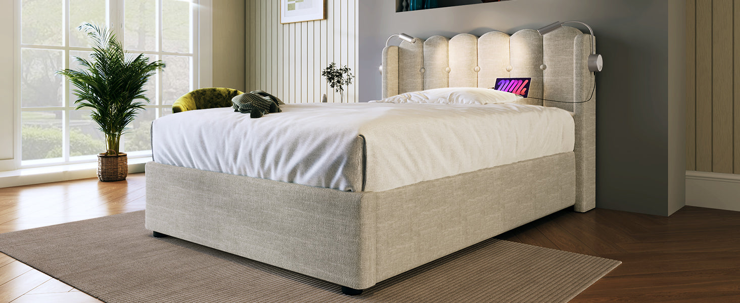 Logidon gestoffeerd bed 90x200 naturel fluweel met leeslampje en USB