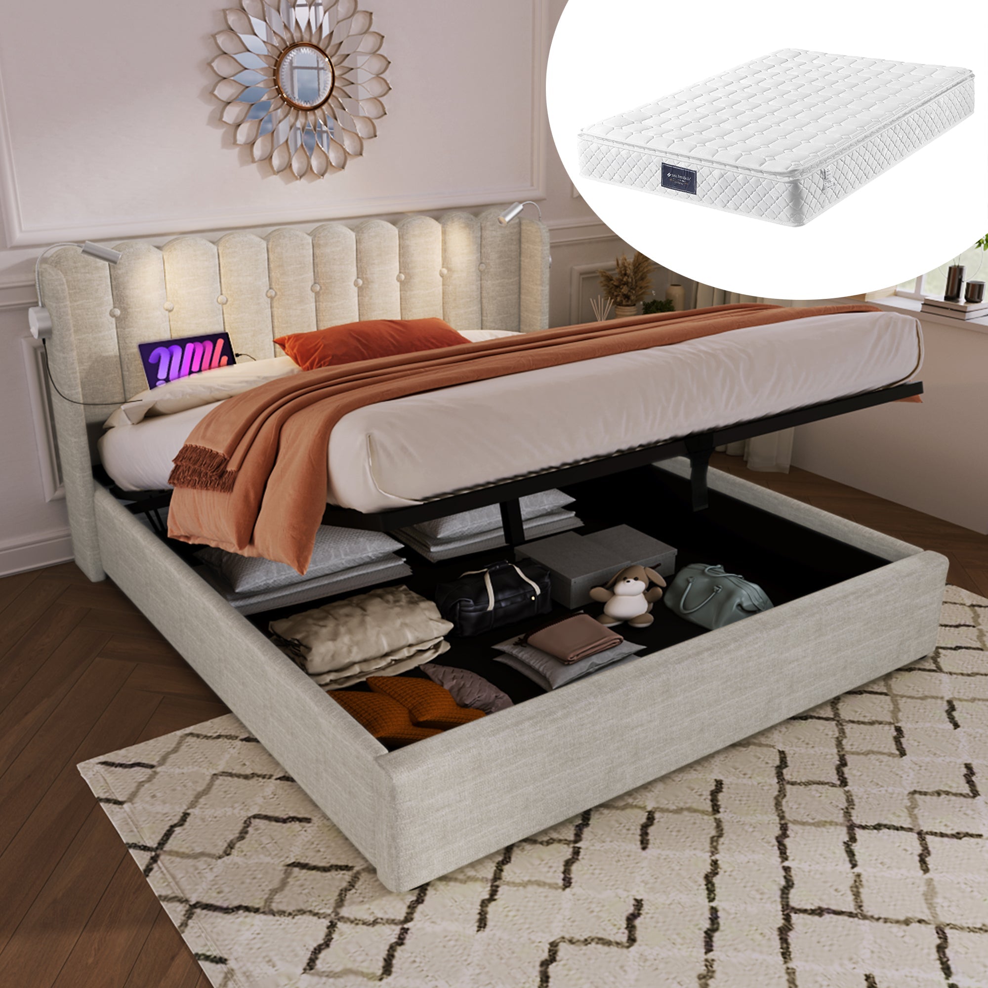 Logidon upholstered bed 140x200 with reading light USB charging function beige
