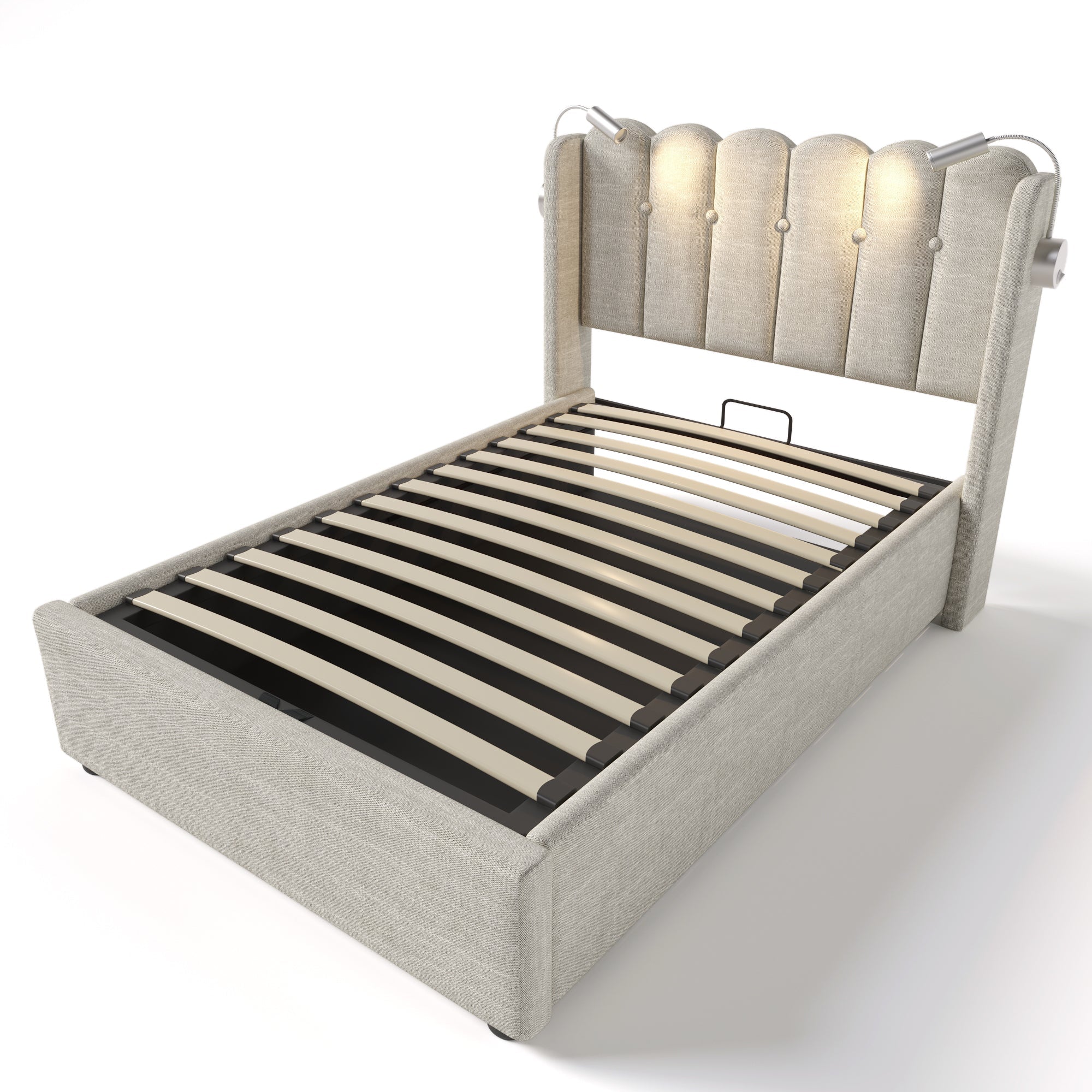 Logidon gestoffeerd bed 90x200 beige met leeslampje en USB-oplaadfunctie