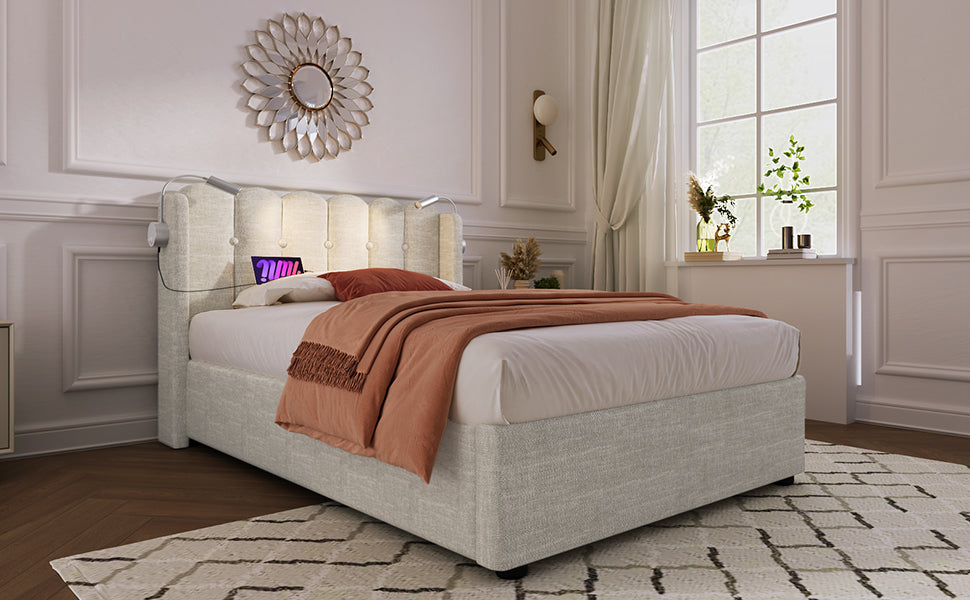 Logidon gestoffeerd bed 90x200 naturel fluweel met leeslampje en USB