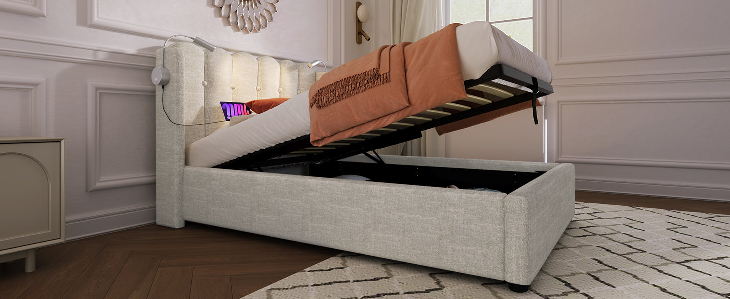 Logidon gestoffeerd bed 90x200 naturel fluweel met leeslampje en USB