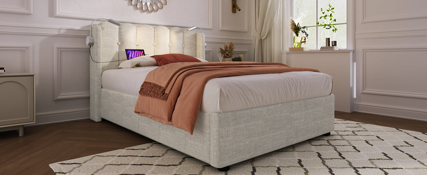 Logidon gestoffeerd bed 90x200 beige met leeslampje en USB-oplaadfunctie