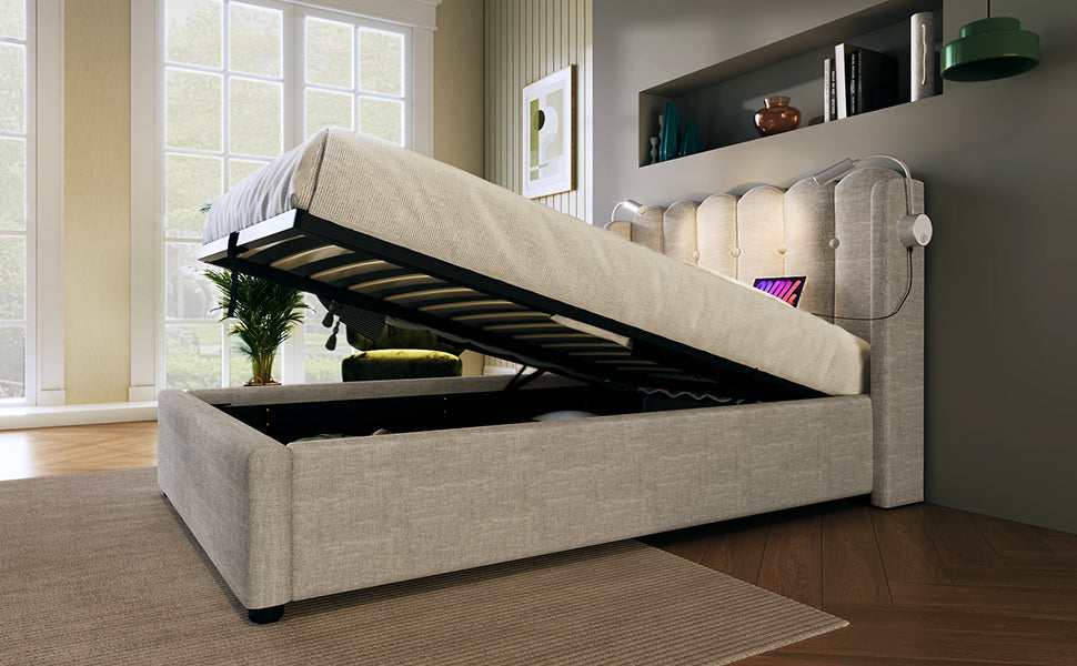 Logidon gestoffeerd bed 90x200 beige met leeslampje en USB-oplaadfunctie