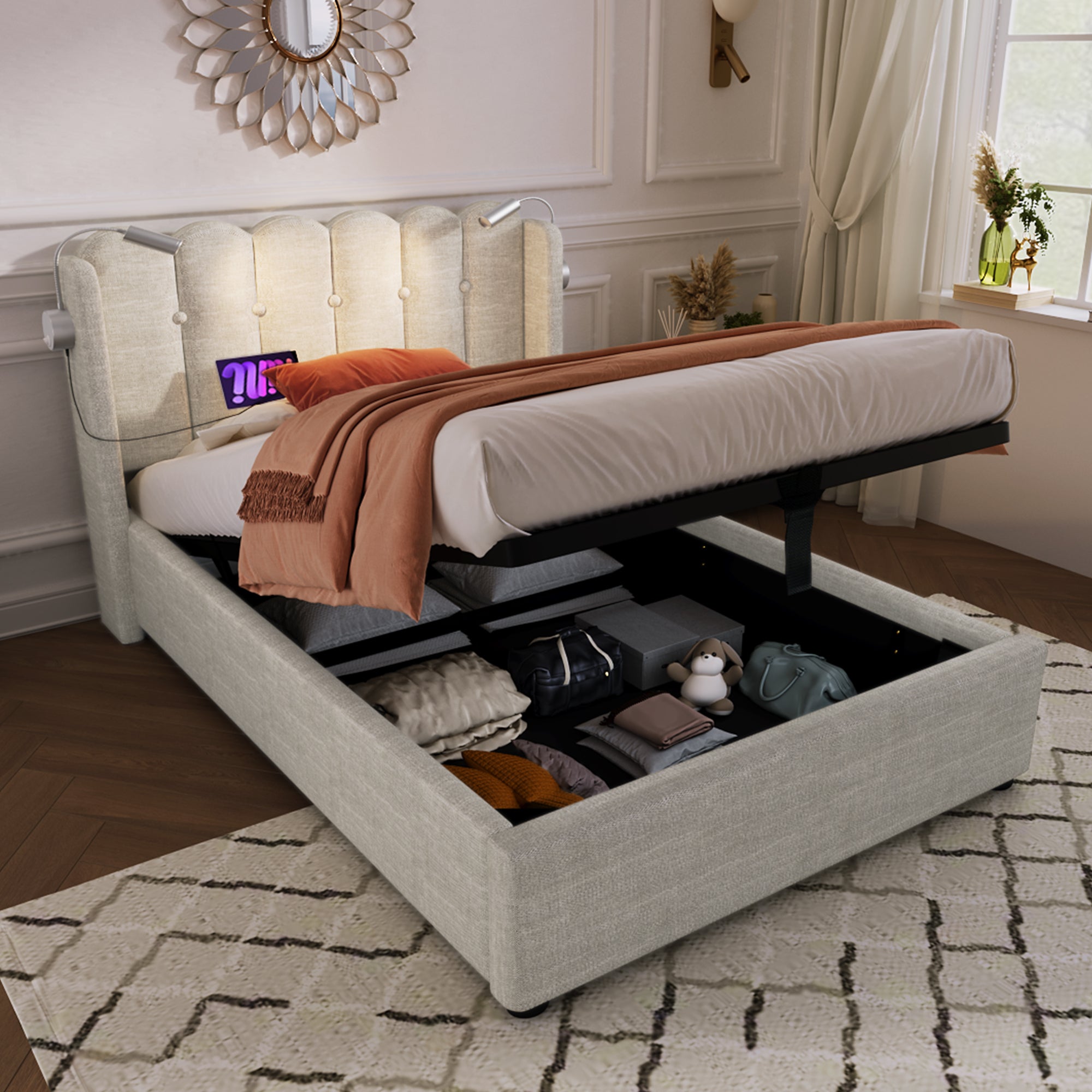 Logidon gestoffeerd bed 90x200 beige met leeslampje en USB-oplaadfunctie