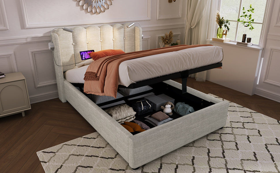 Logidon gestoffeerd bed 90x200 naturel fluweel met leeslampje en USB
