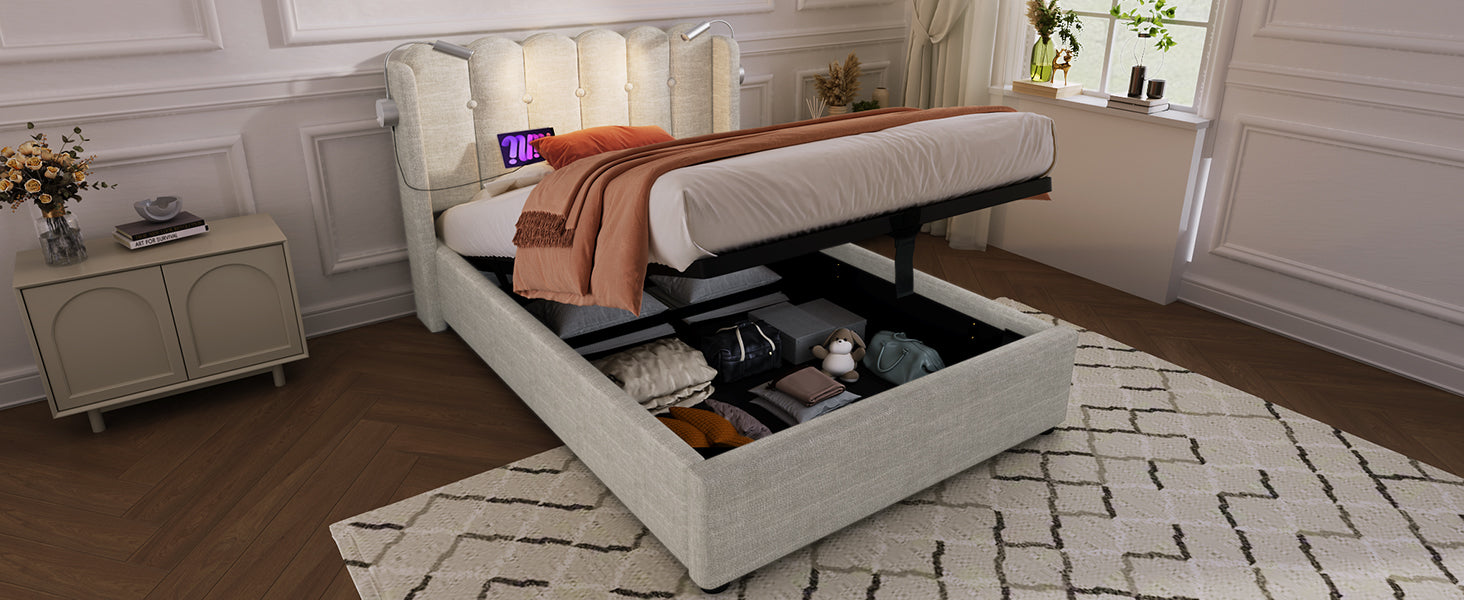 Logidon gestoffeerd bed 90x200 beige met leeslampje en USB-oplaadfunctie