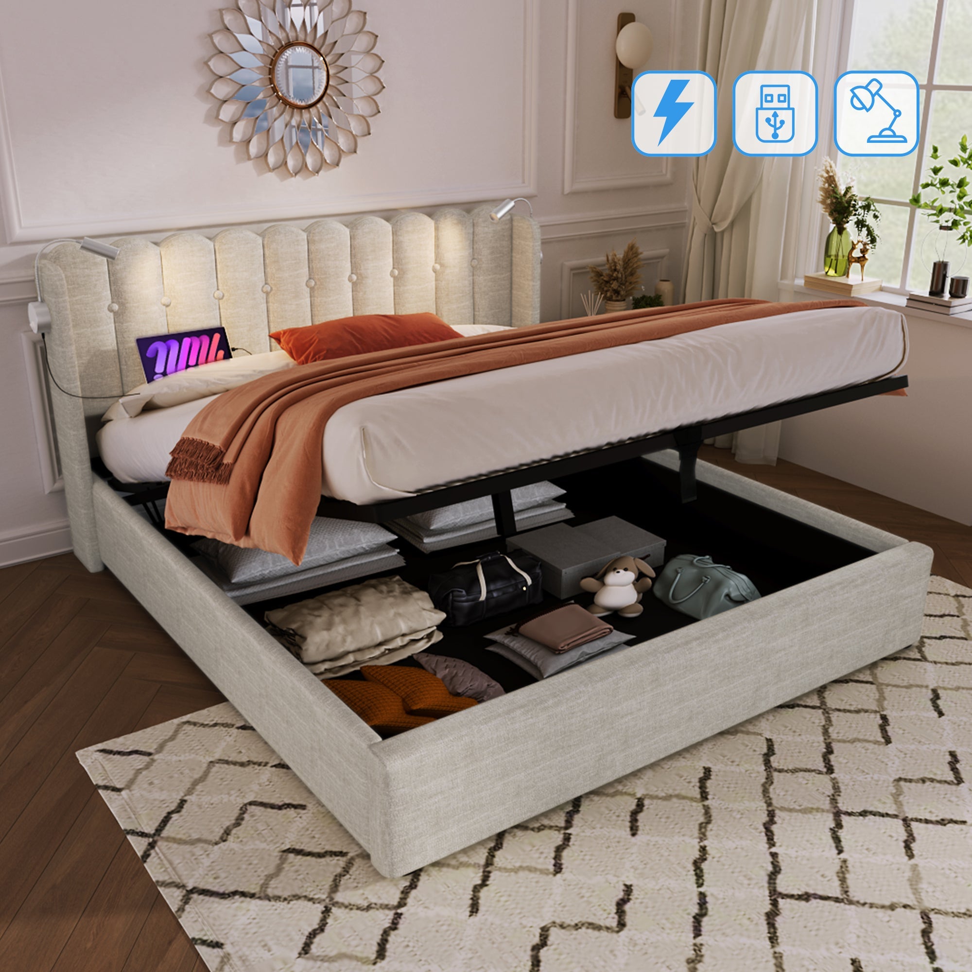 Logidon upholstered bed 140x200 with reading light and USB charging function natural