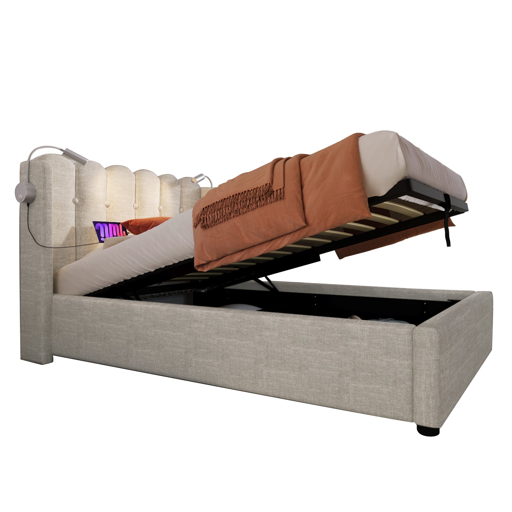 Logidon gestoffeerd bed 90x200 naturel fluweel met leeslampje en USB
