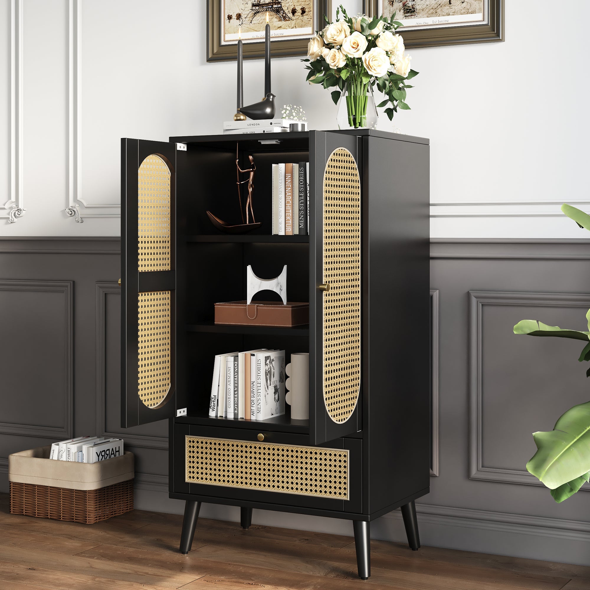 Logidon Compact Dressoir 1,1 m Zwart Rotan 2 Deurs 1 Lade
