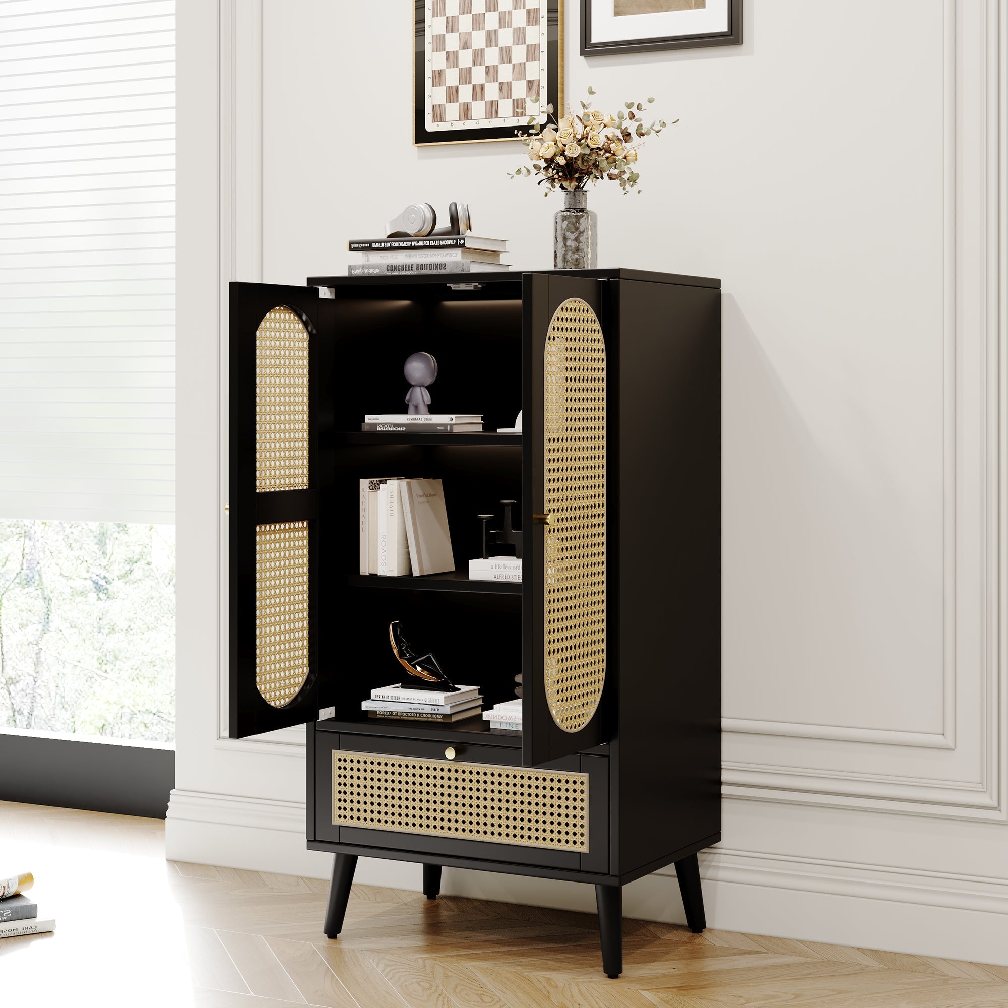 Logidon Compact Dressoir 1,1 m Zwart Rotan 2 Deurs 1 Lade