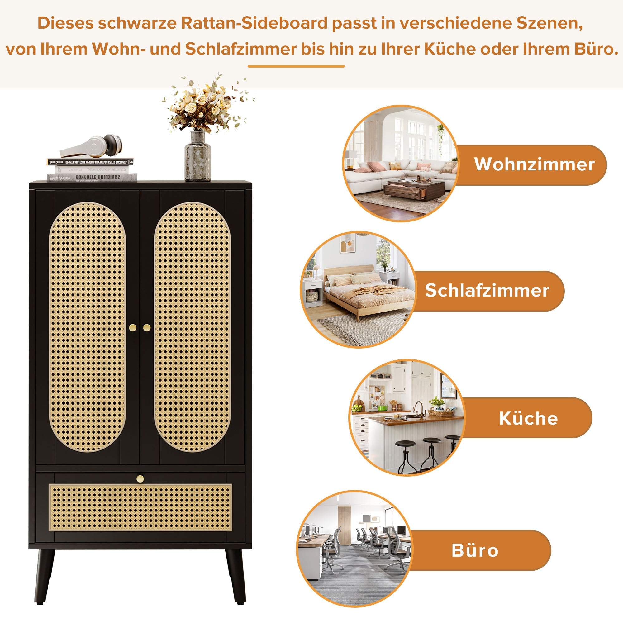 Logidon Compact Dressoir 1,1 m Zwart Rotan 2 Deurs 1 Lade