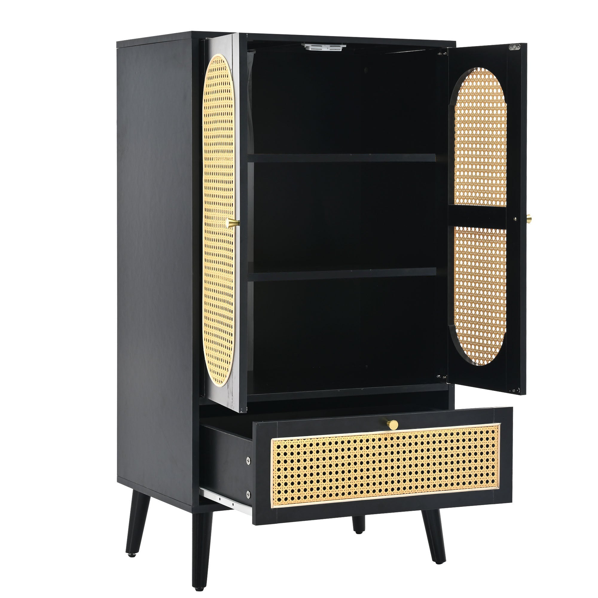 Logidon Compact Dressoir 1,1 m Zwart Rotan 2 Deurs 1 Lade