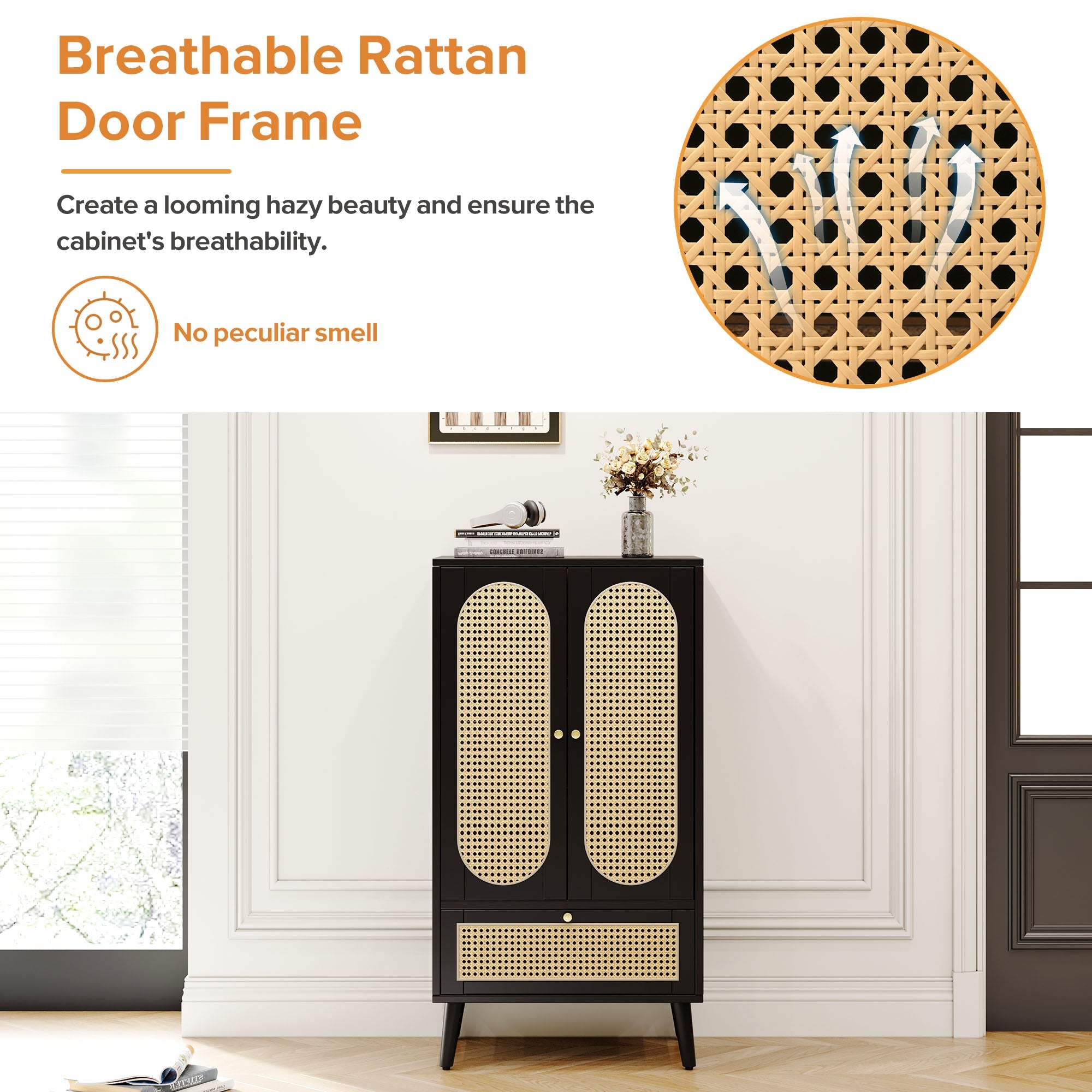 Logidon Compact Dressoir 1,1 m Zwart Rotan 2 Deurs 1 Lade