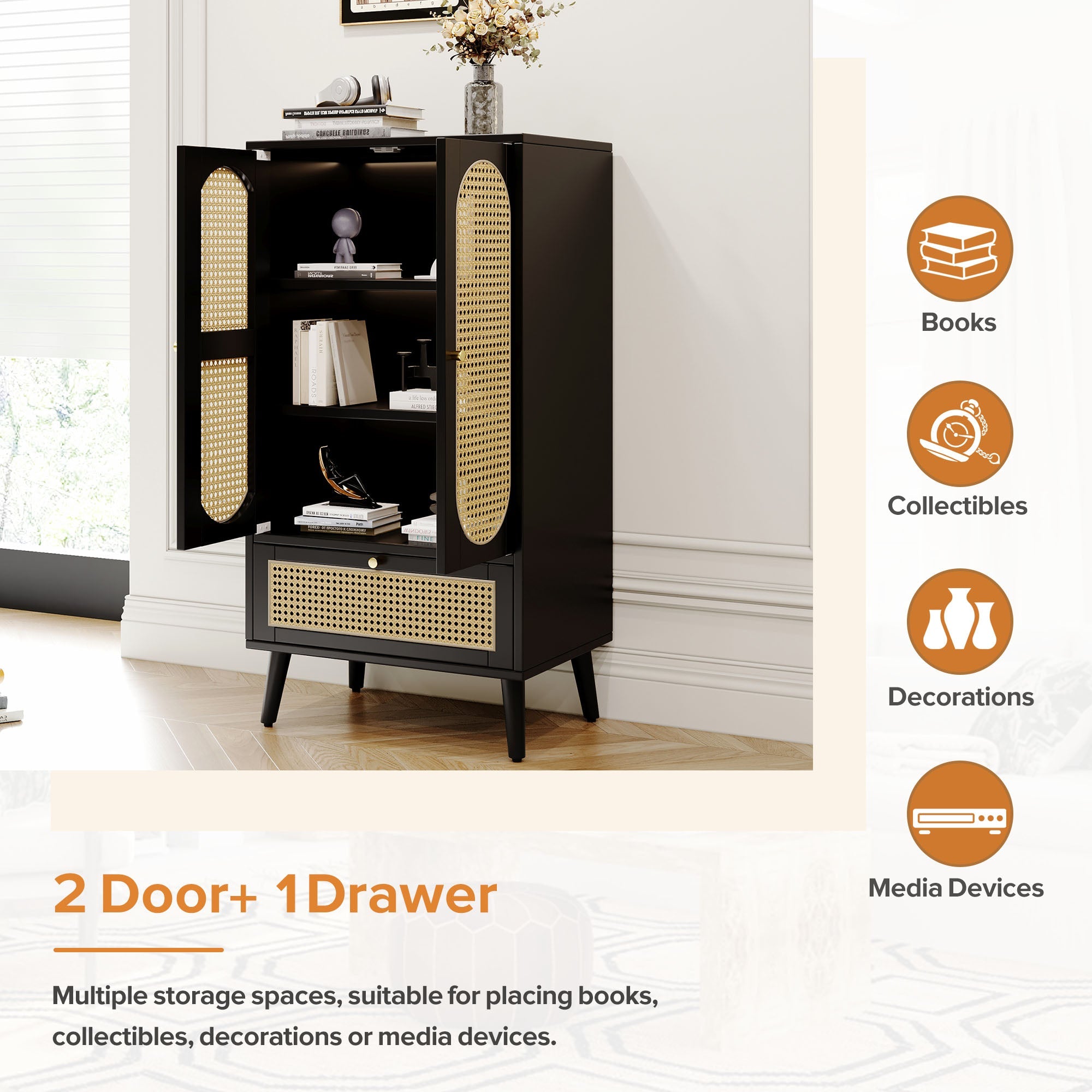 Logidon Compact Dressoir 1,1 m Zwart Rotan 2 Deurs 1 Lade