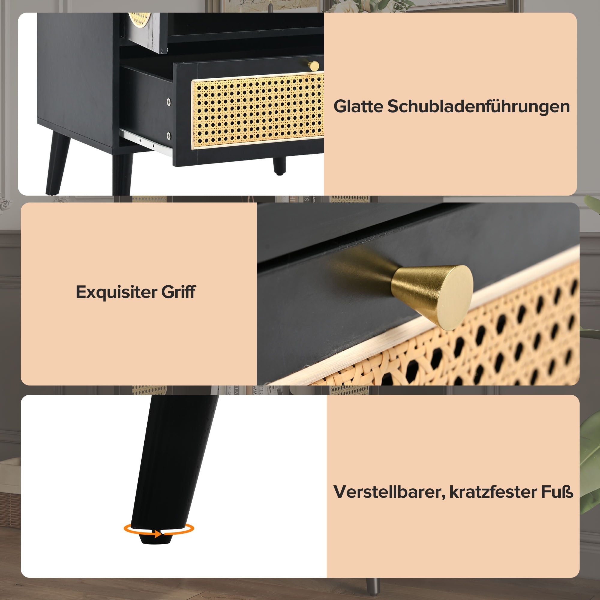 Logidon Compact Dressoir 1,1 m Zwart Rotan 2 Deurs 1 Lade