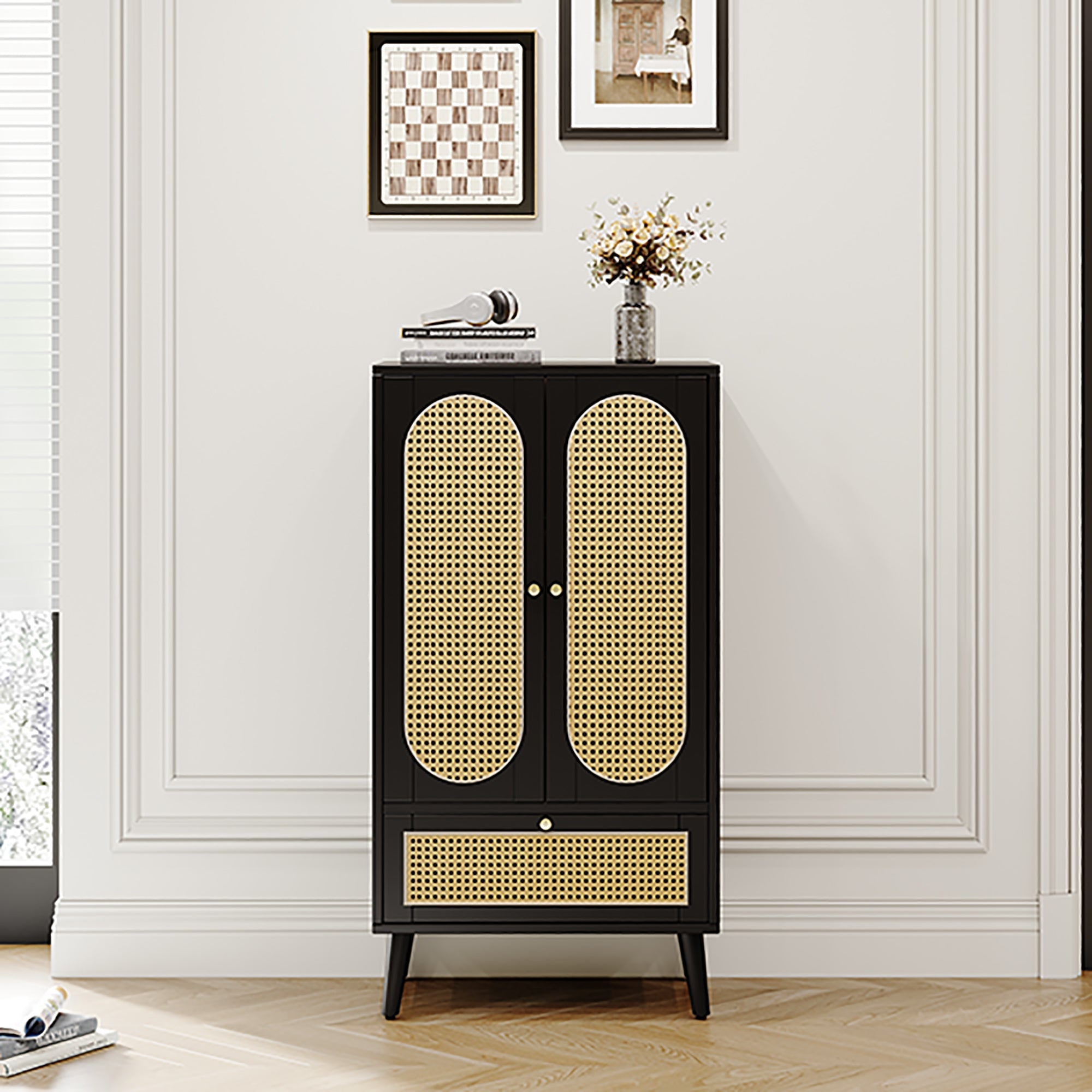 Logidon Compact Dressoir 1,1 m Zwart Rotan 2 Deurs 1 Lade