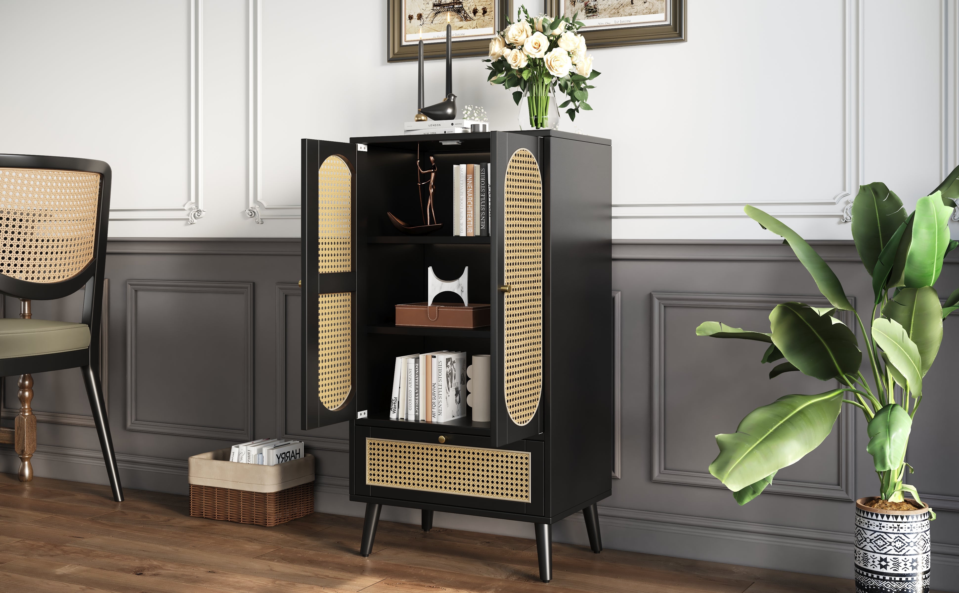 Logidon Compact Dressoir 1,1 m Zwart Rotan 2 Deurs 1 Lade
