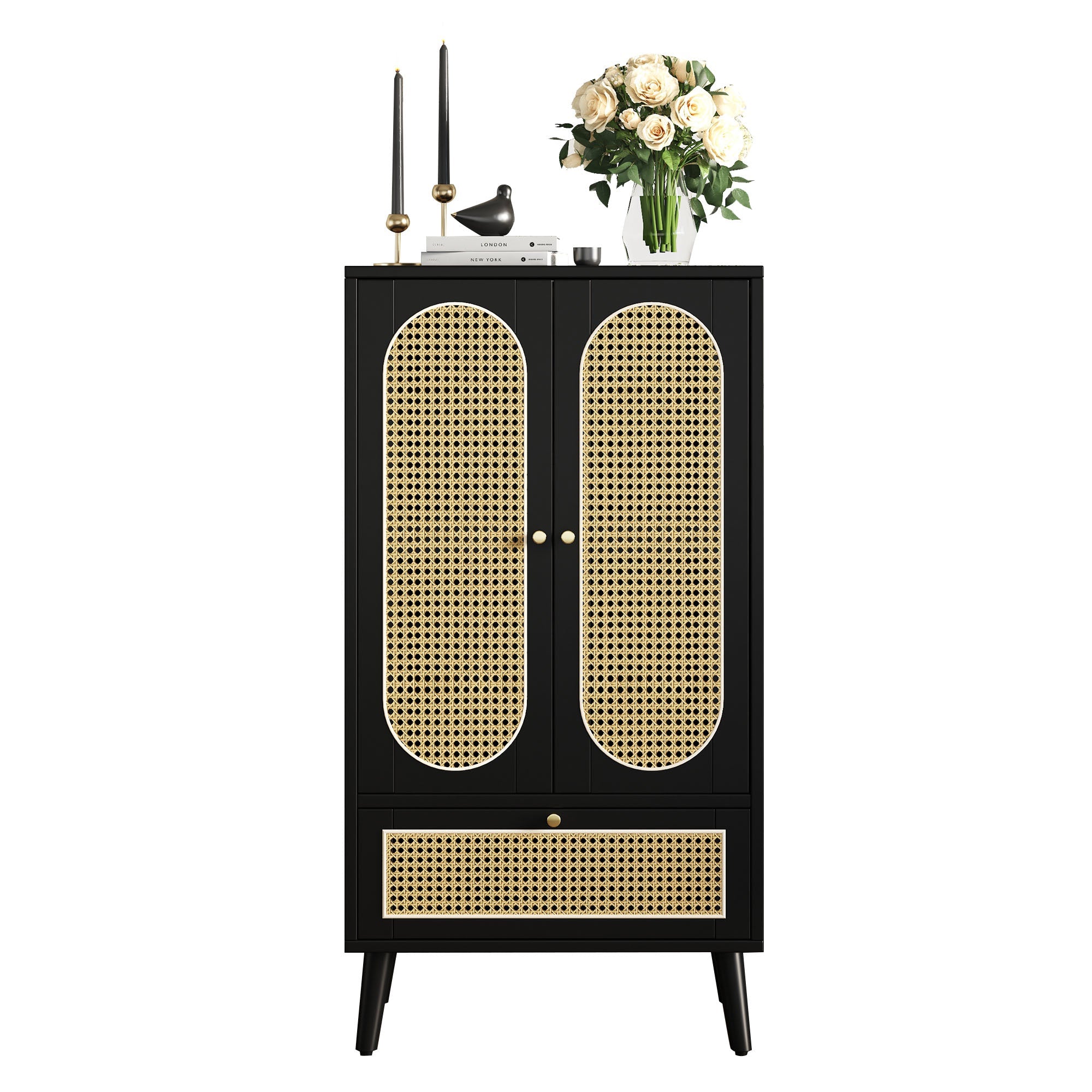 Logidon Compact Dressoir 1,1 m Zwart Rotan 2 Deurs 1 Lade
