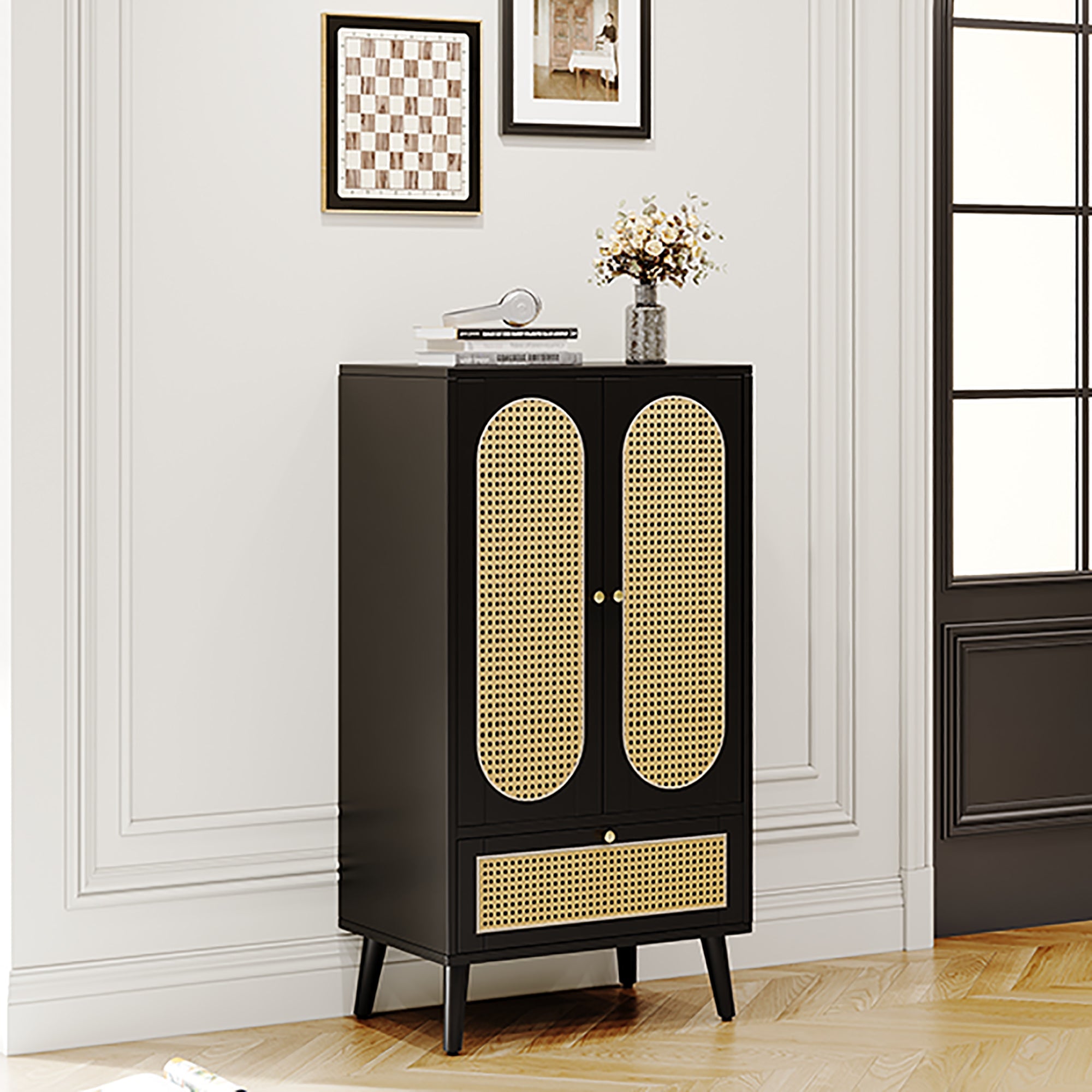 Logidon Compact Dressoir 1,1 m Zwart Rotan 2 Deurs 1 Lade