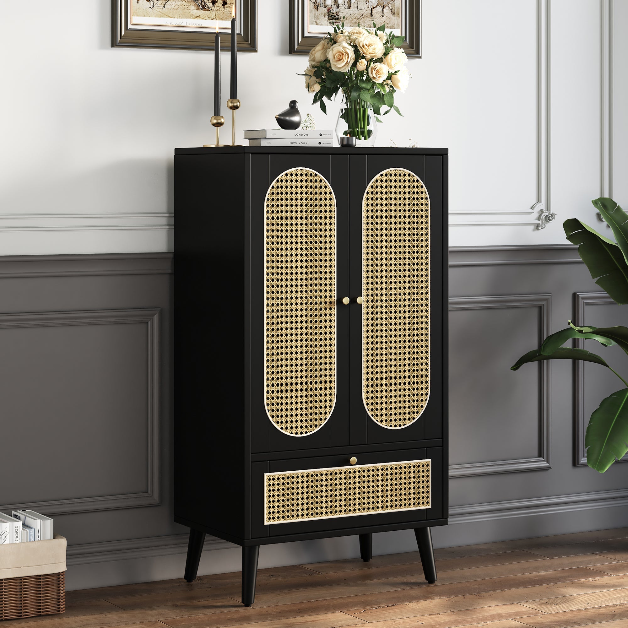 Logidon Compact Dressoir 1,1 m Zwart Rotan 2 Deurs 1 Lade