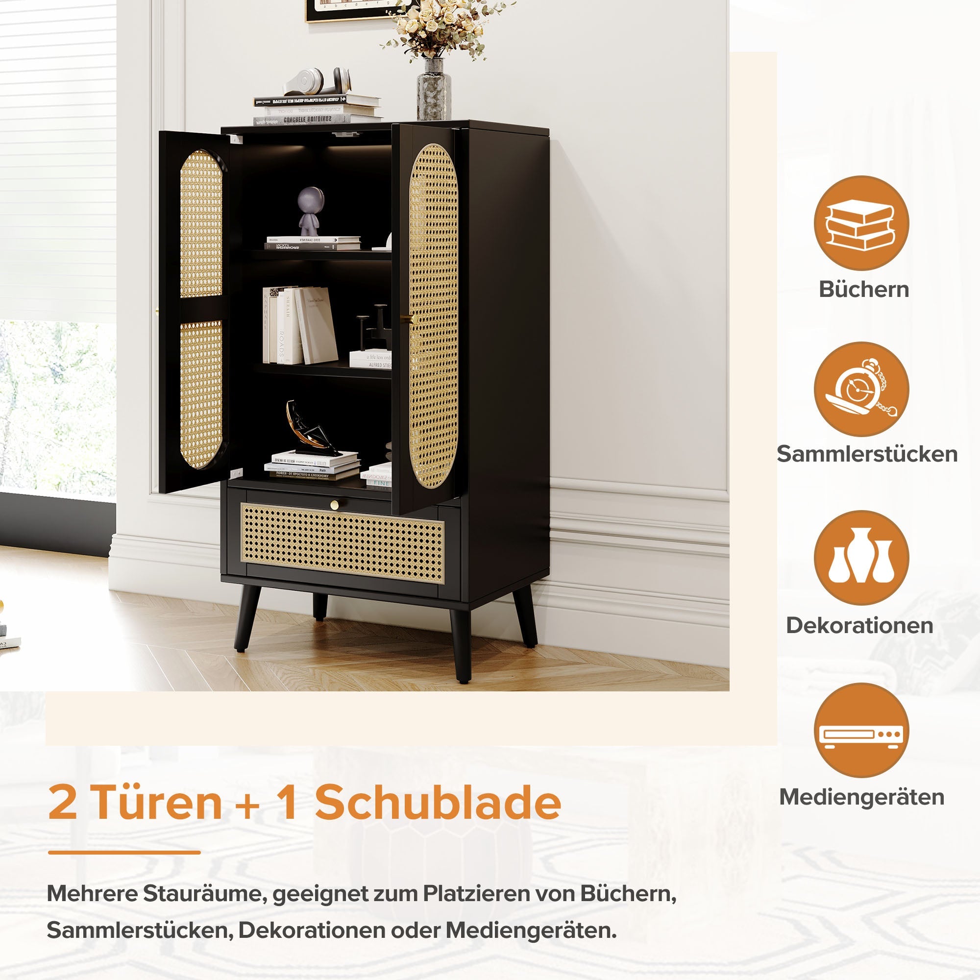 Logidon Compact Dressoir 1,1 m Zwart Rotan 2 Deurs 1 Lade
