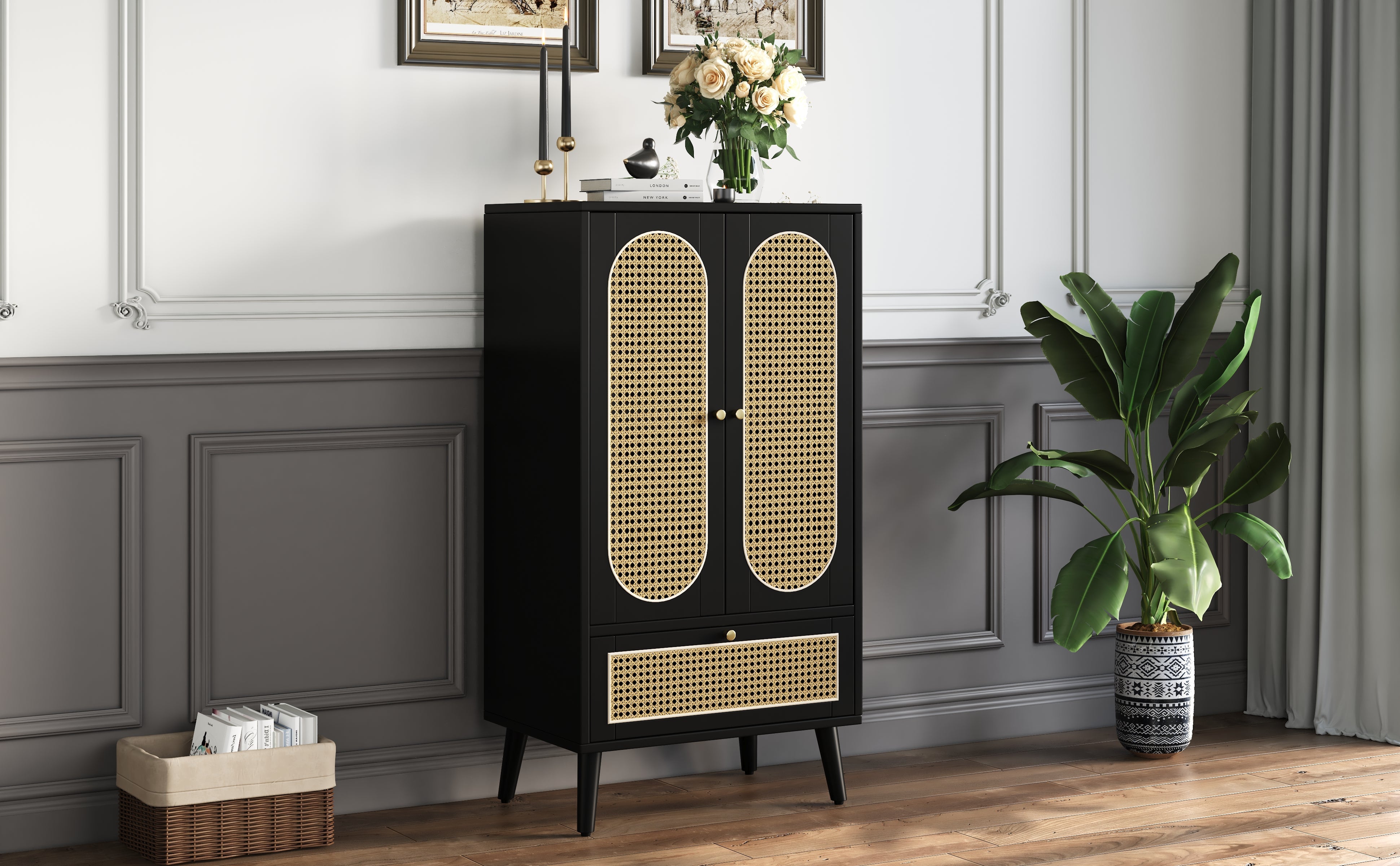Logidon Compact Dressoir 1,1 m Zwart Rotan 2 Deurs 1 Lade