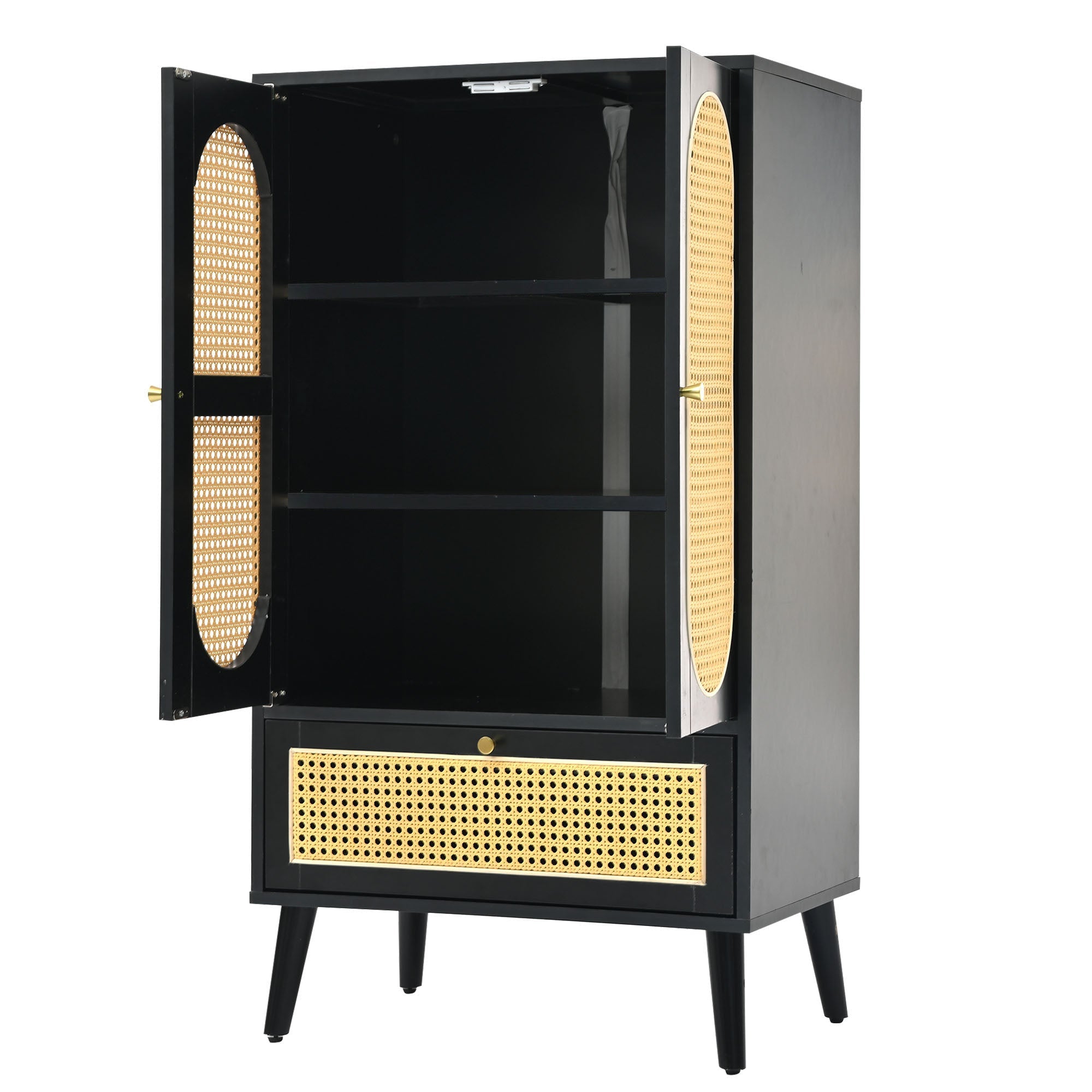 Logidon Compact Dressoir 1,1 m Zwart Rotan 2 Deurs 1 Lade