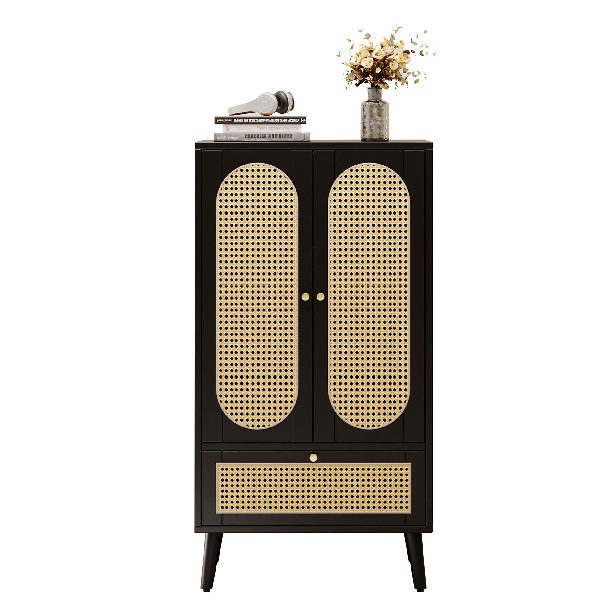 Logidon Compact Dressoir 1,1 m Zwart Rotan 2 Deurs 1 Lade