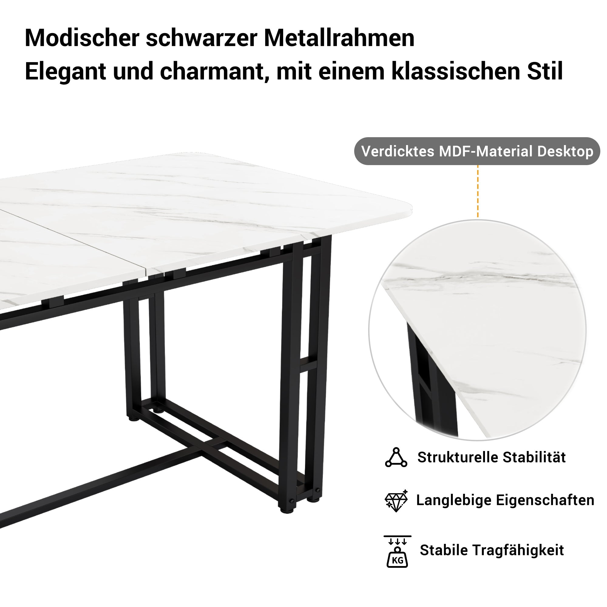 Logidon eettafel 140x80cm marmerlook metalen poten wit zwart