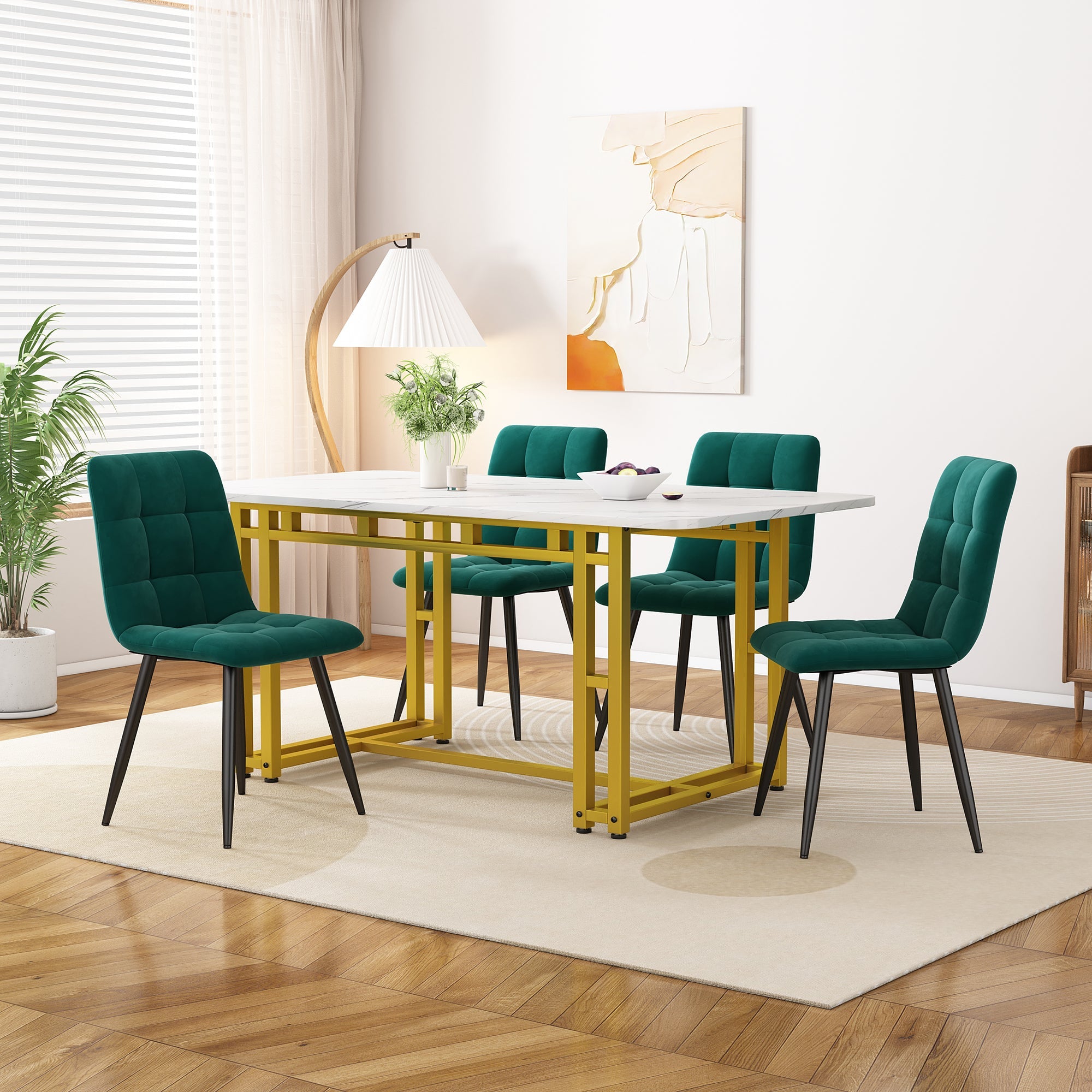 Logidon eettafel 120x70 cm set met gouden frame groen fluwelen stoelen