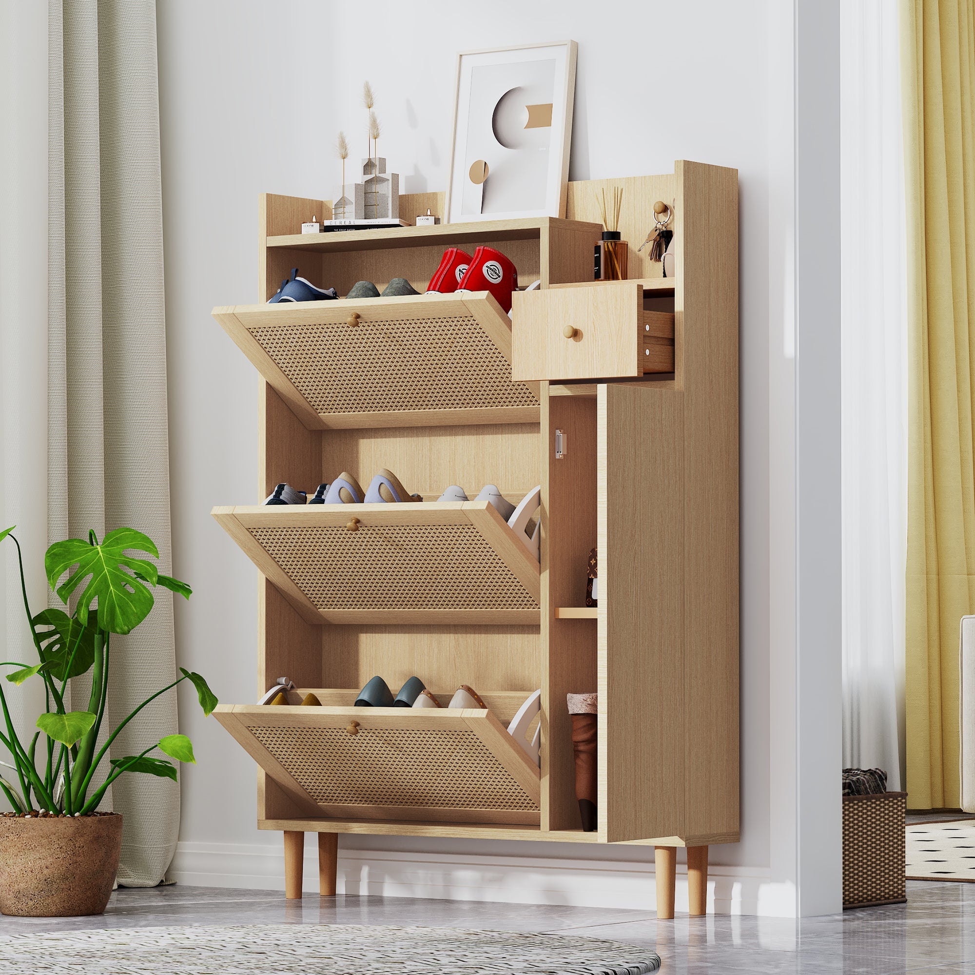 Logidon schoenenkast rotan compact voor smalle ingangen B90 H125 D17 cm