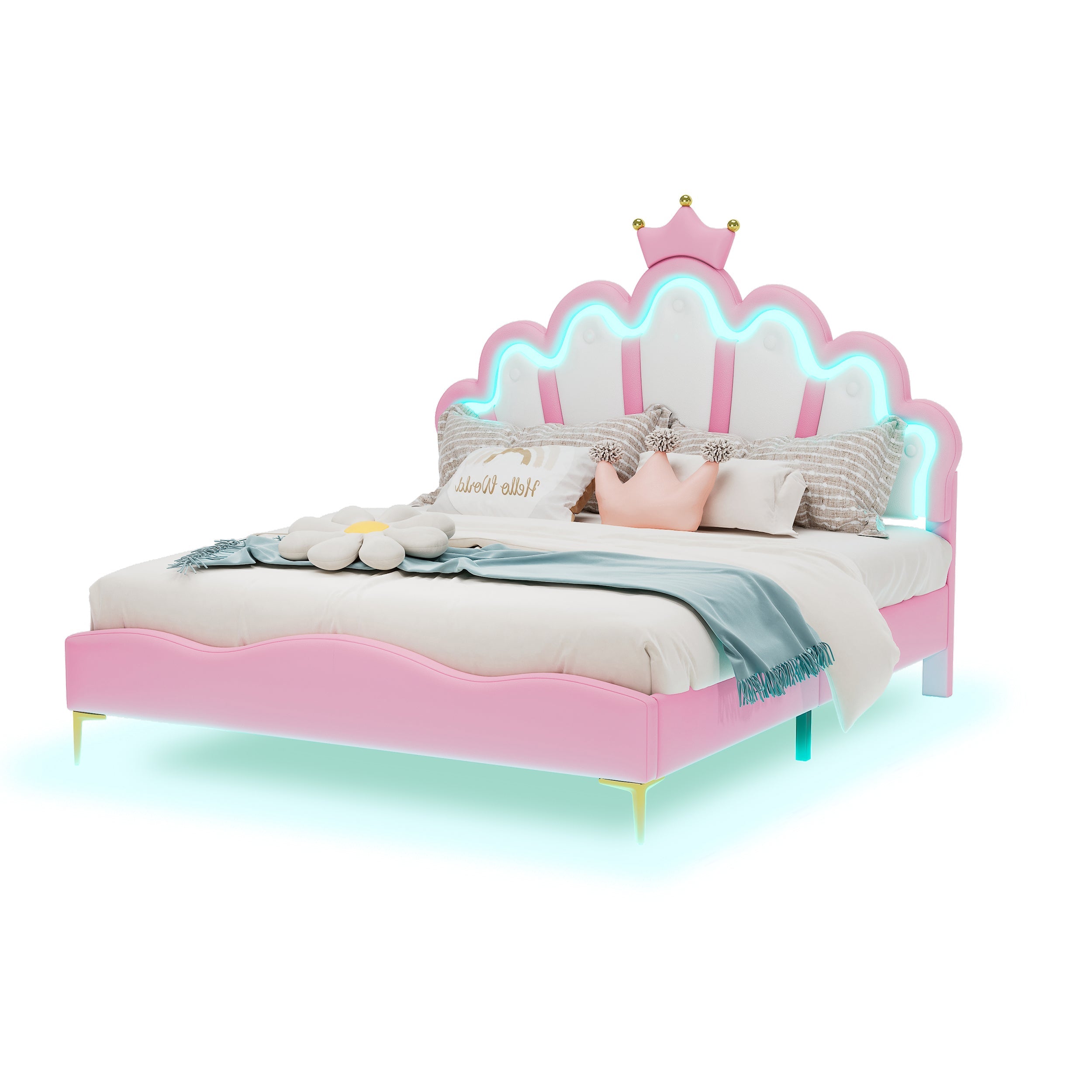 Logidon Princess bed 140x200 roze kroon hoofdeinde LED-verlichting