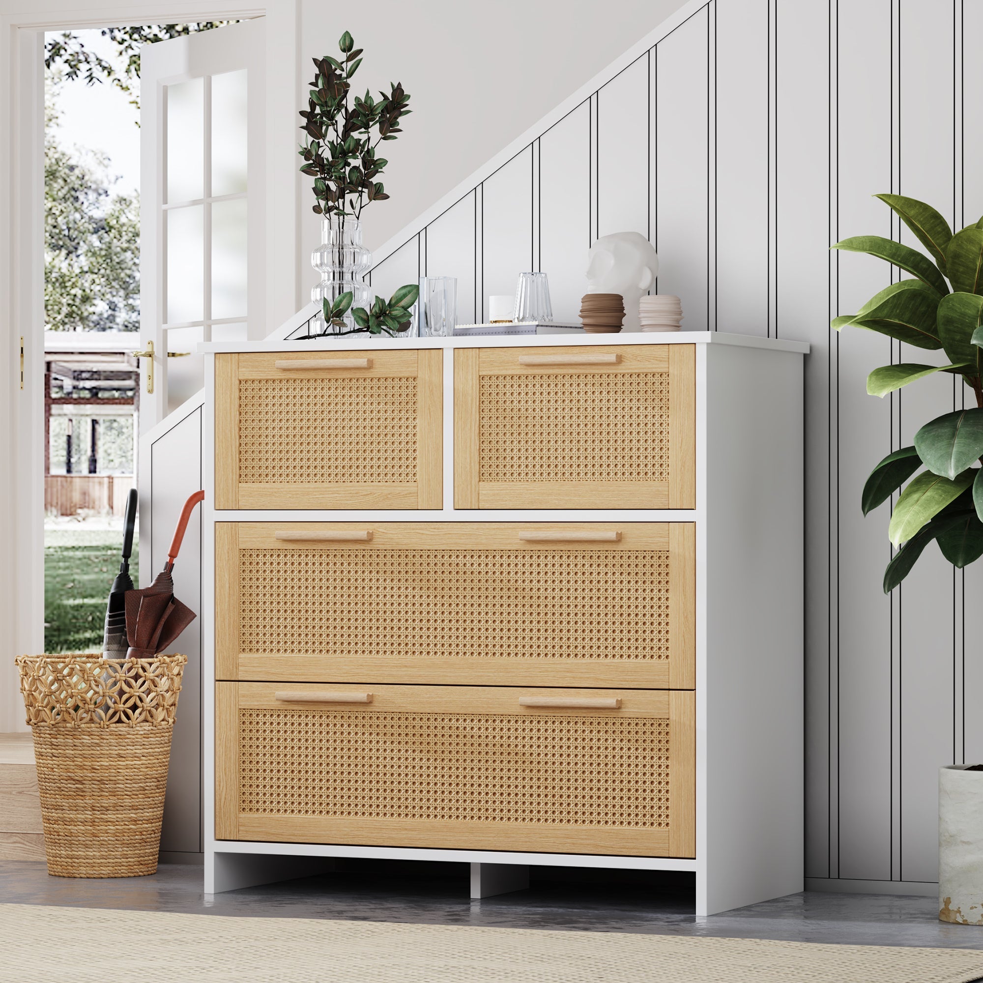 Logidon rotankast met 4 lades en massief houten handgrepen, natuurlijk wit