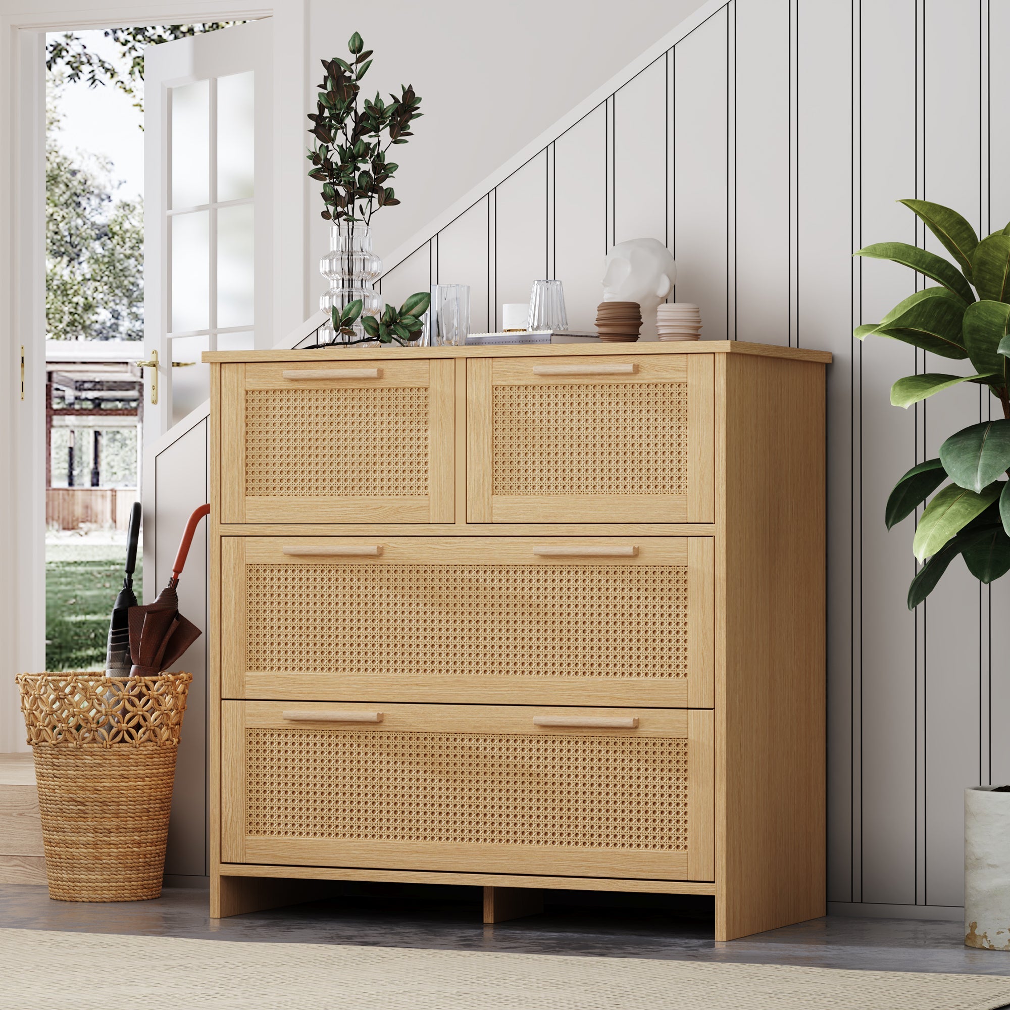 Logidon rotan kast met 4 laden en massief houten handgrepen B80xH80xD38