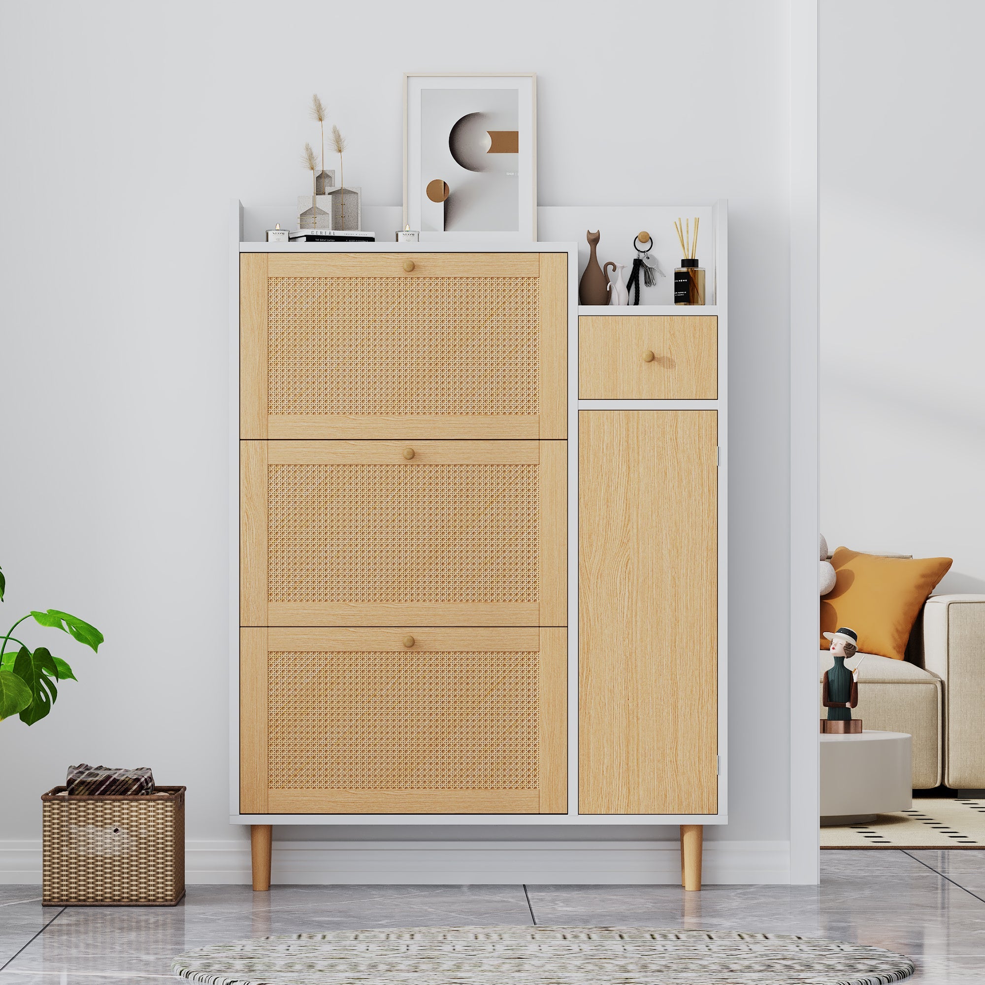 Logidon shoe cabinet rattan wood natural white W90 H125 D17 cm