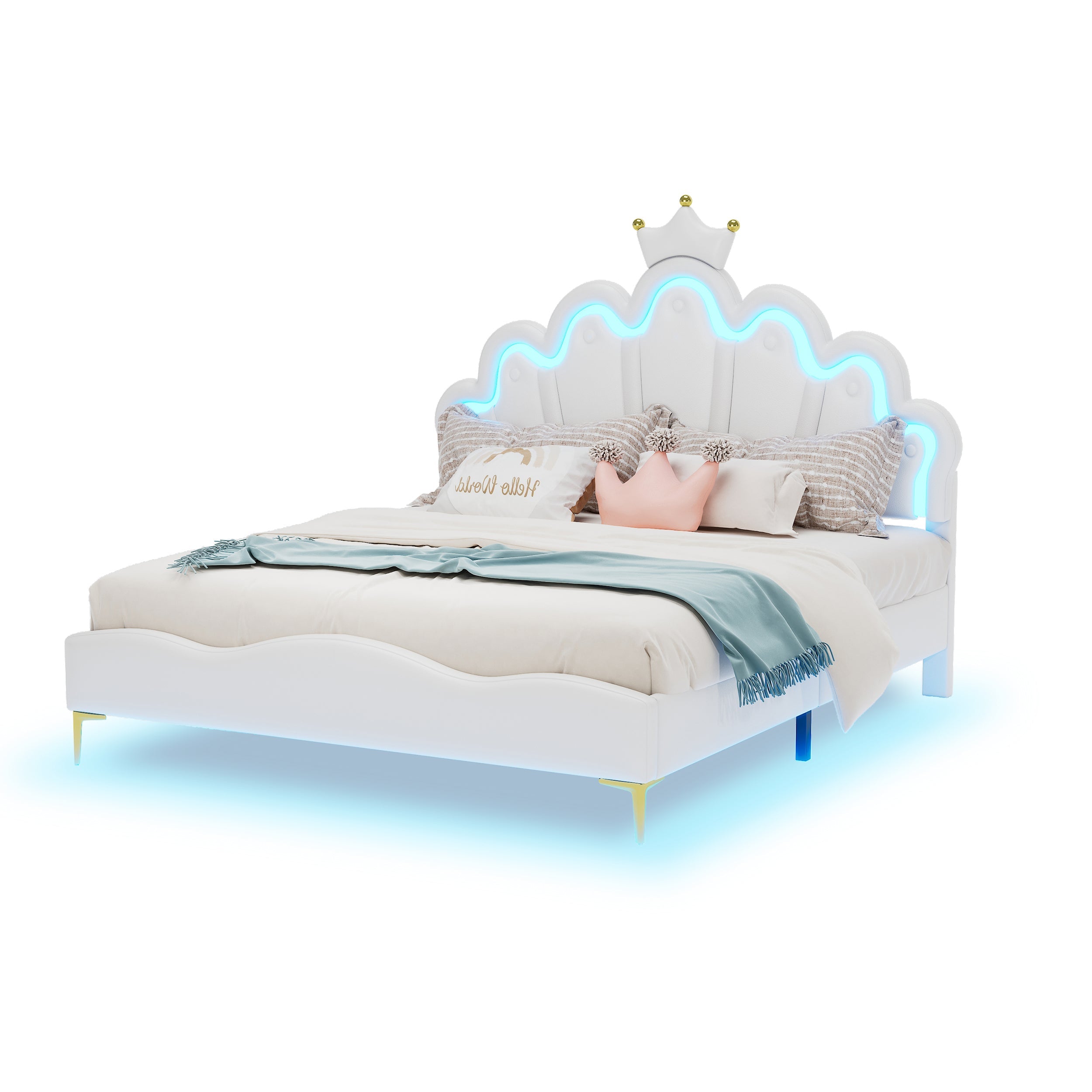 Logidon Kroonbed Prinsessenbed 140x200 cm Witte LED-lichtstrips