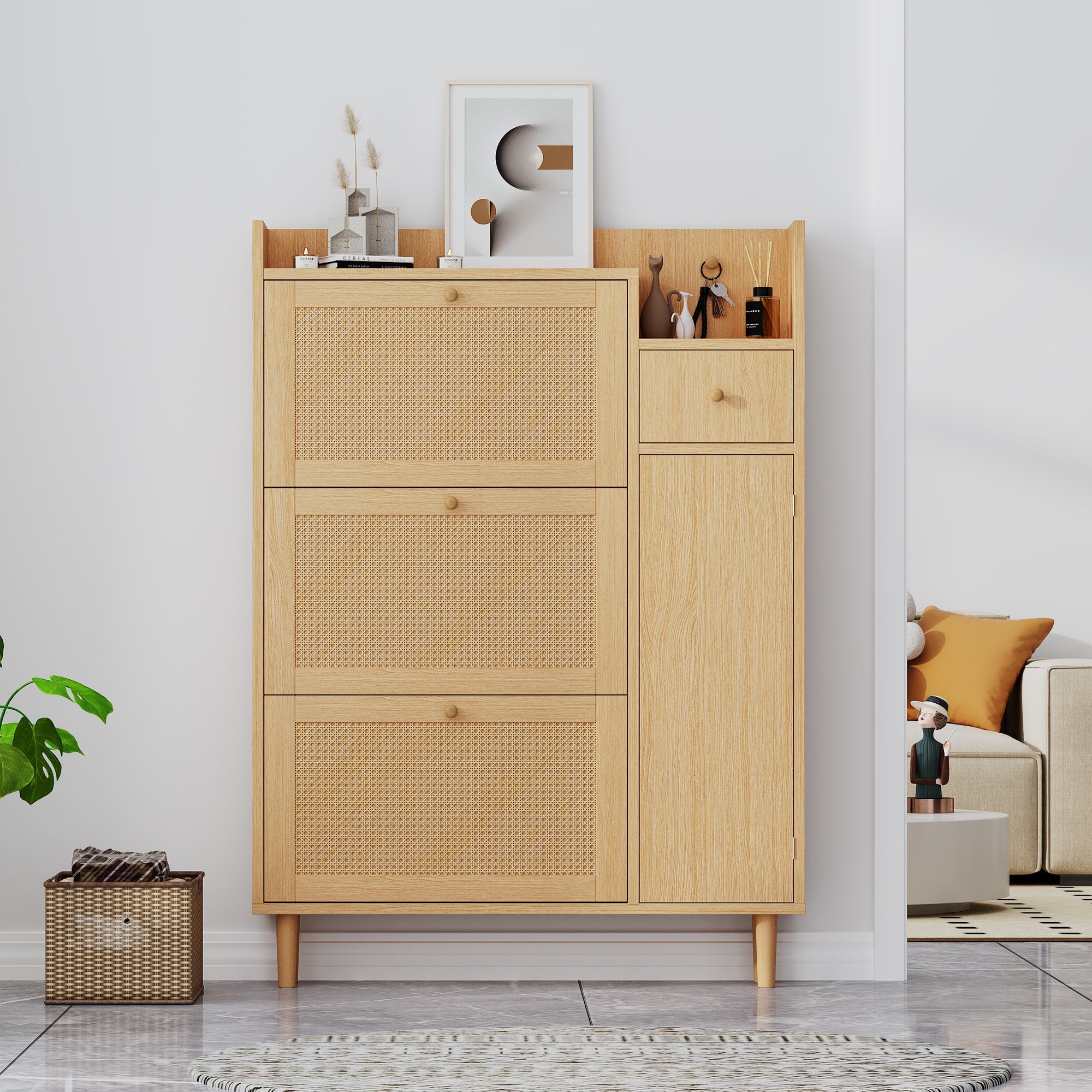 Logidon schoenenkast rotan compact voor smalle ingangen B90 H125 D17 cm