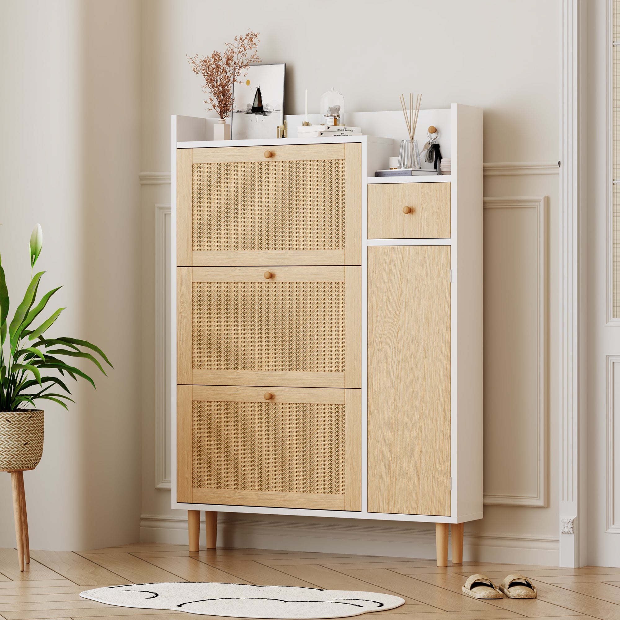 Logidon schoenenkast rotan hout naturel wit B90 H125 D17 cm