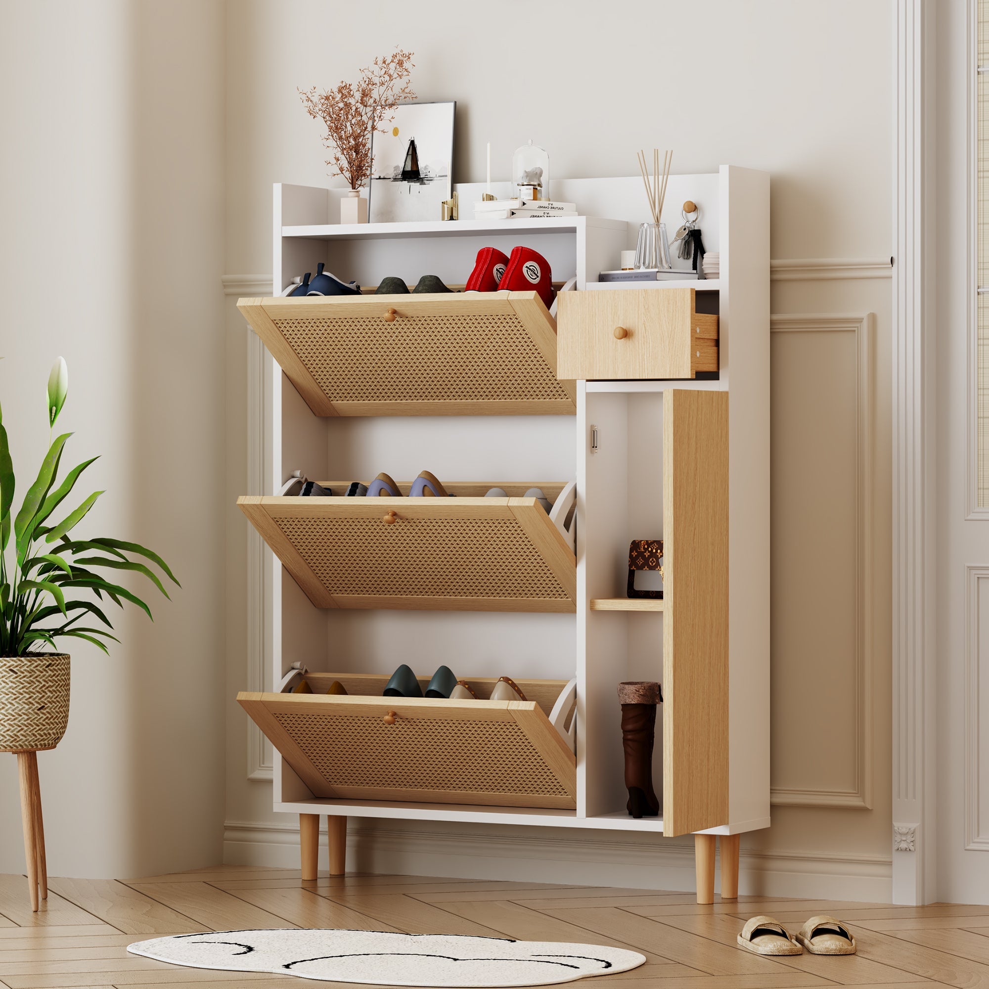 Logidon shoe cabinet rattan wood natural white W90 H125 D17 cm