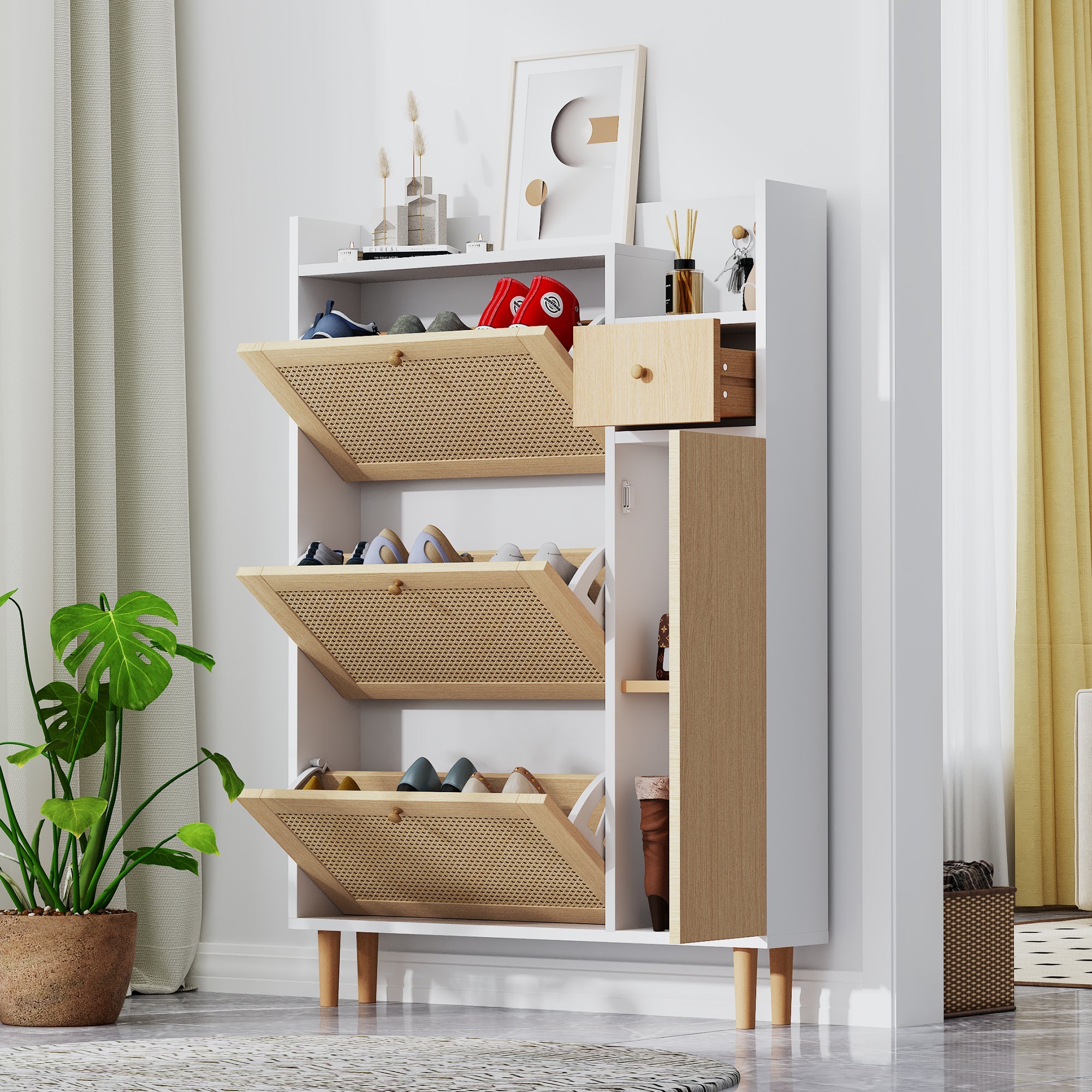 Logidon shoe cabinet rattan wood natural white W90 H125 D17 cm