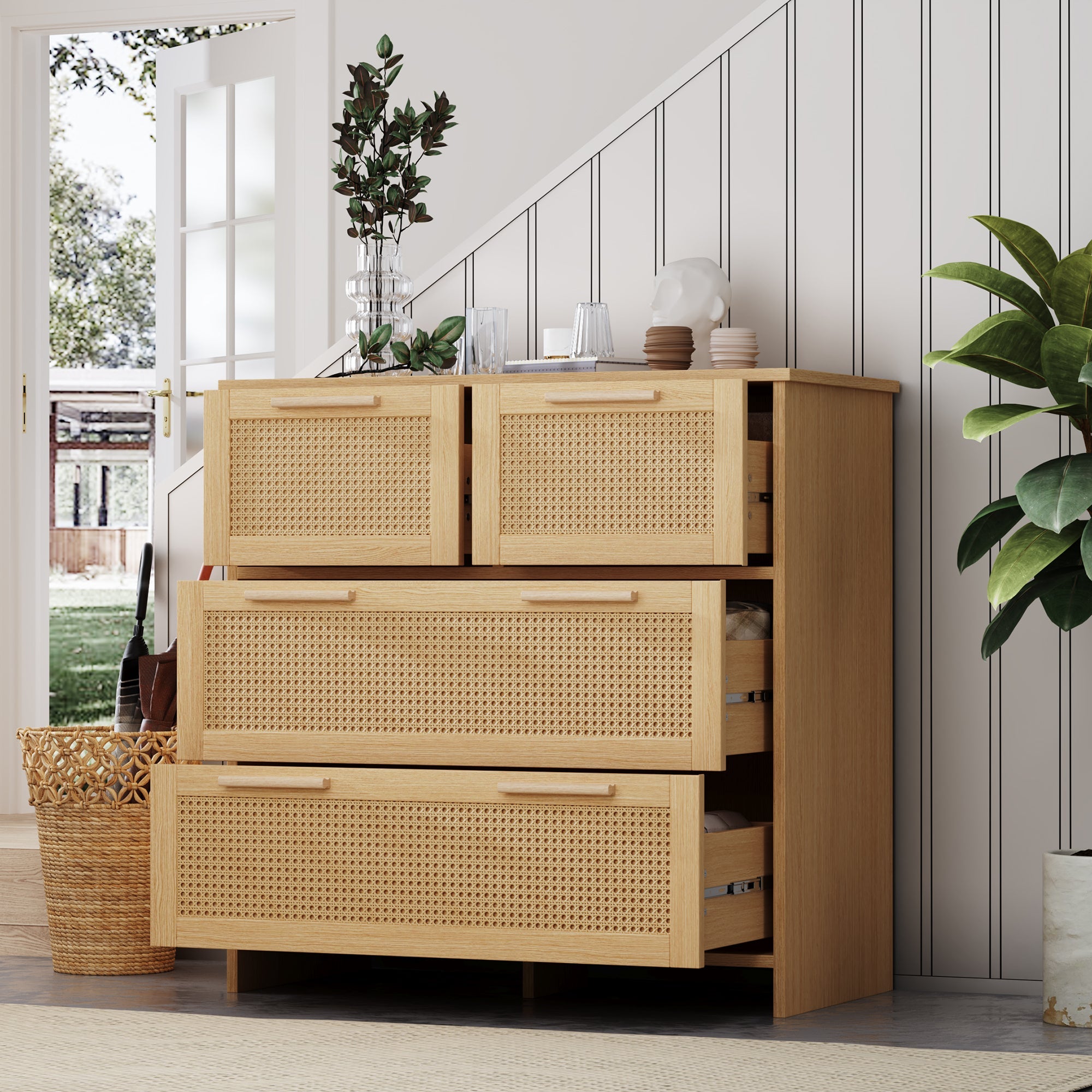 Logidon rotan kast met 4 laden en massief houten handgrepen B80xH80xD38