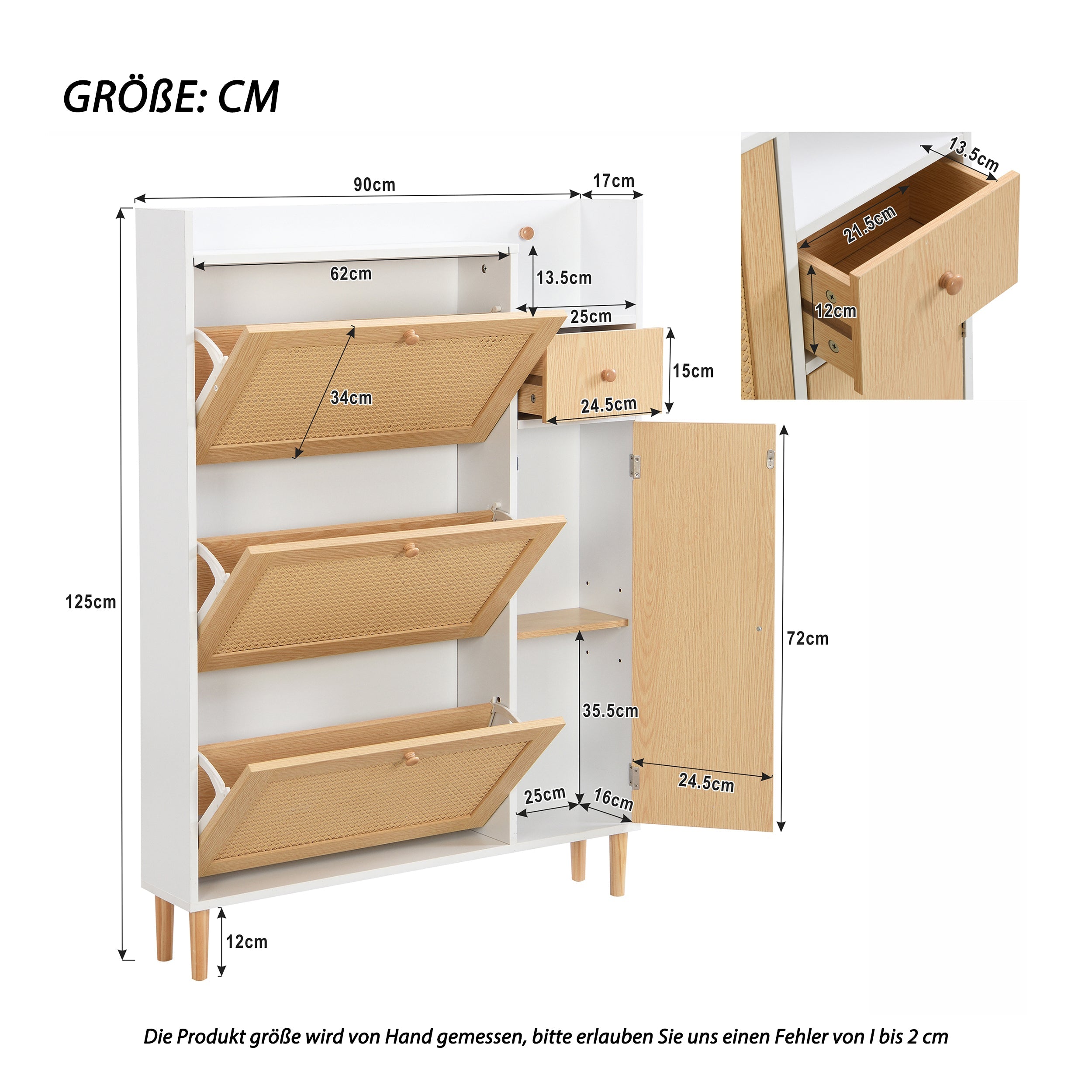 Logidon shoe cabinet rattan wood natural white W90 H125 D17 cm