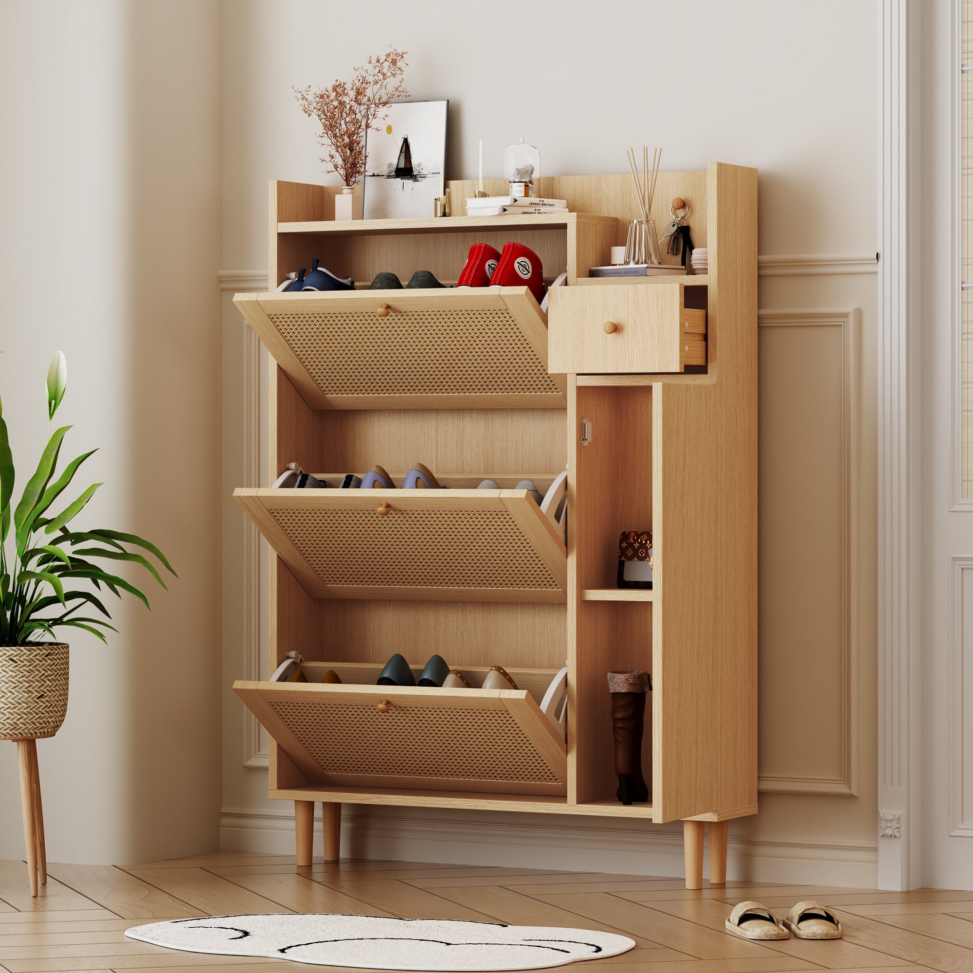 Logidon schoenenkast rotan compact voor smalle ingangen B90 H125 D17 cm
