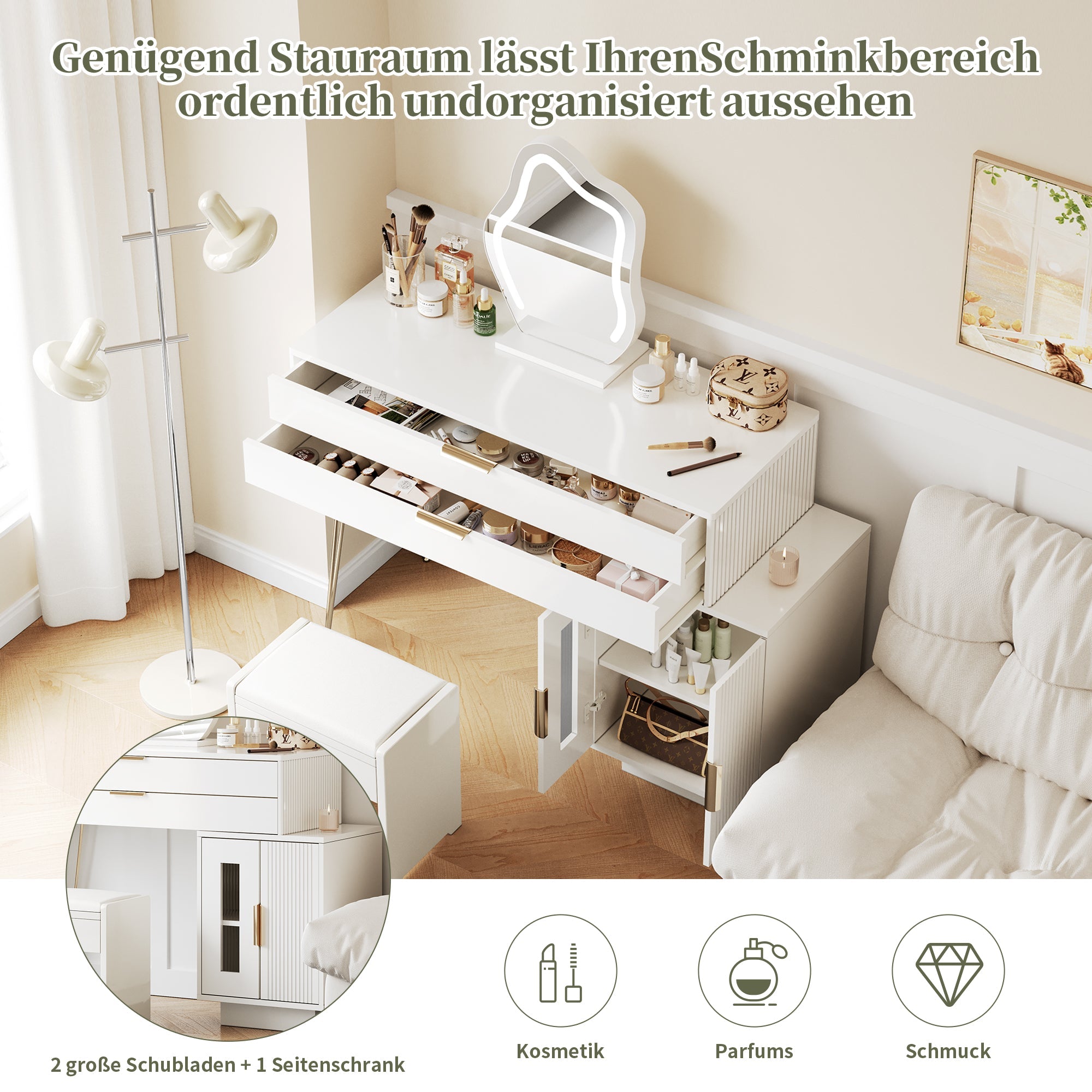 Logidon Kaptafel Met LED Spiegel Wit Uitschuifbaar B100 H78 Cm