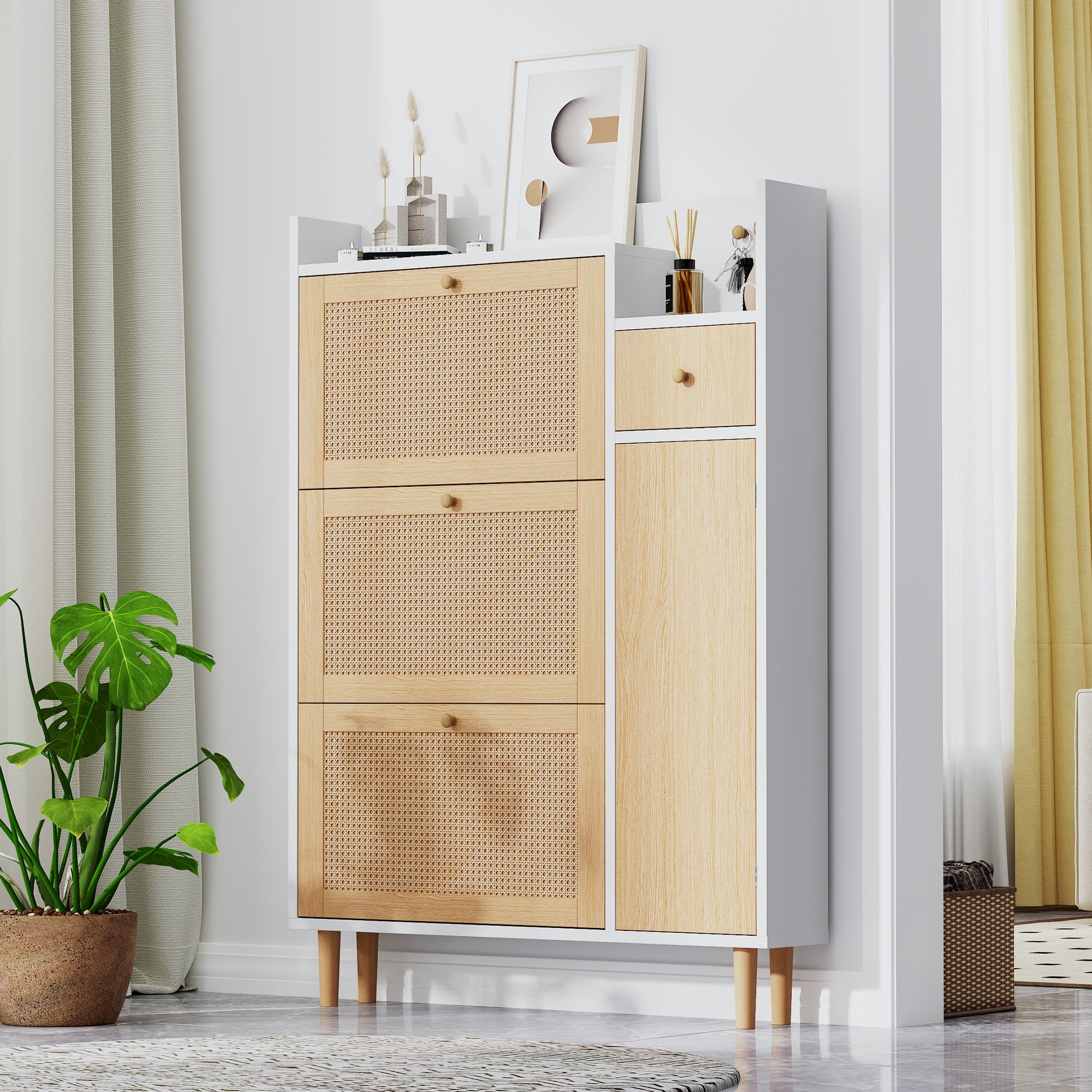 Logidon shoe cabinet rattan wood natural white W90 H125 D17 cm