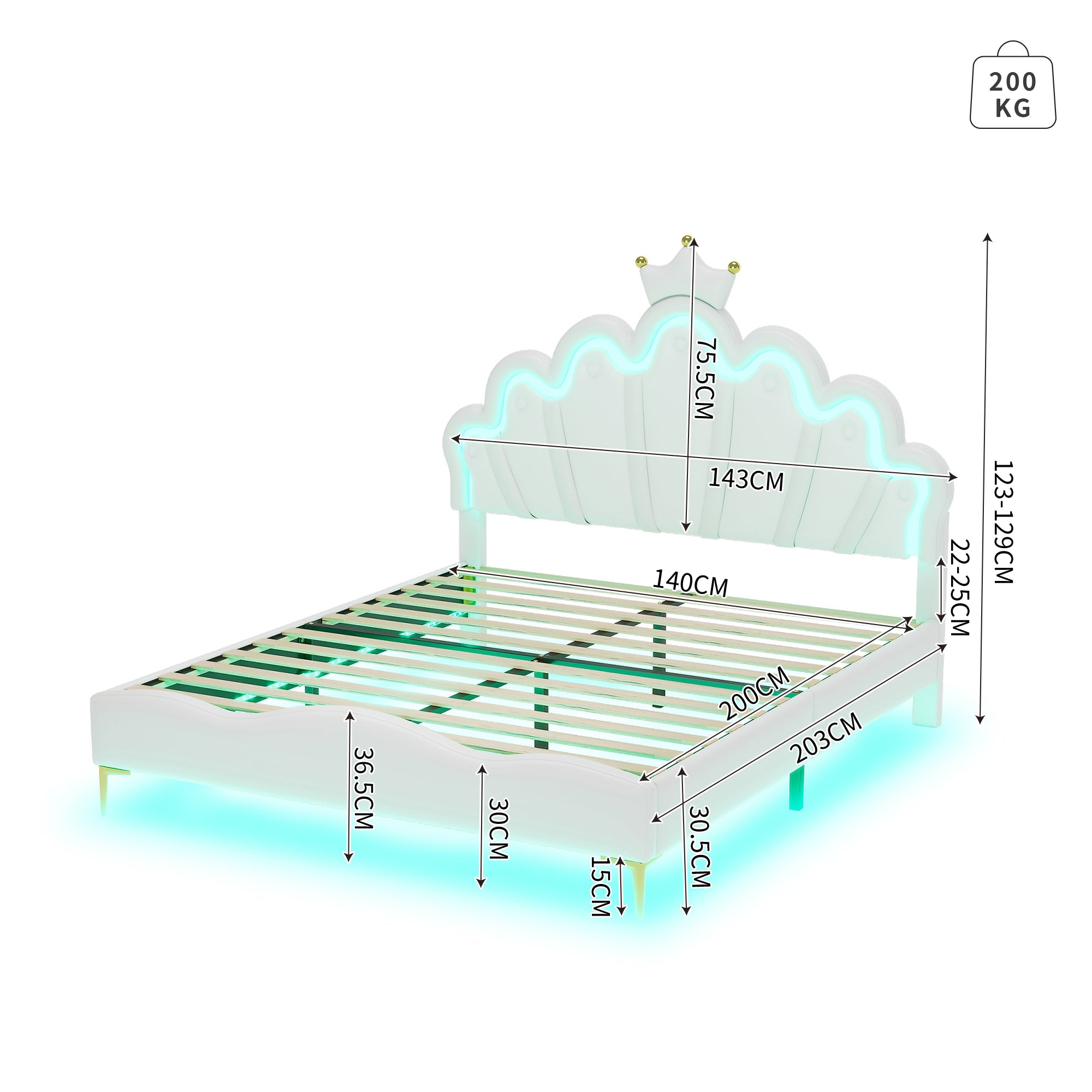 Logidon Kroonbed Prinsessenbed 140x200 cm Witte LED-lichtstrips